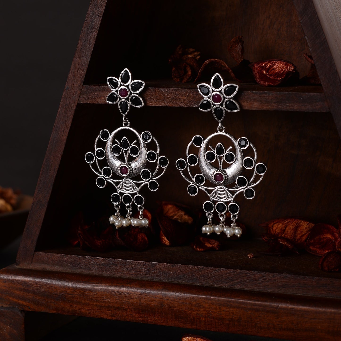 Dhaval- Silver Brass Oxidised dangler earrings(Multicolored RedBlack)