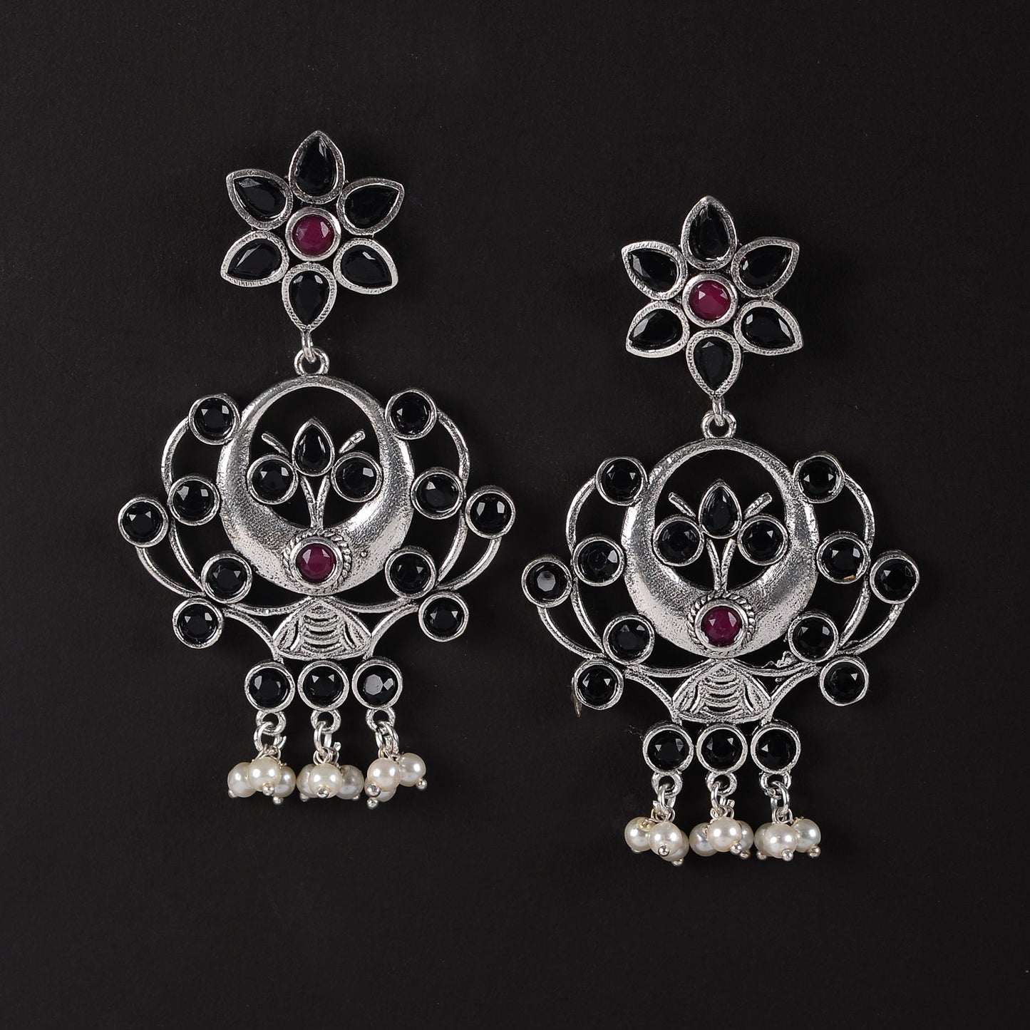 Dhaval- Silver Brass Oxidised dangler earrings(Multicolored RedBlack)