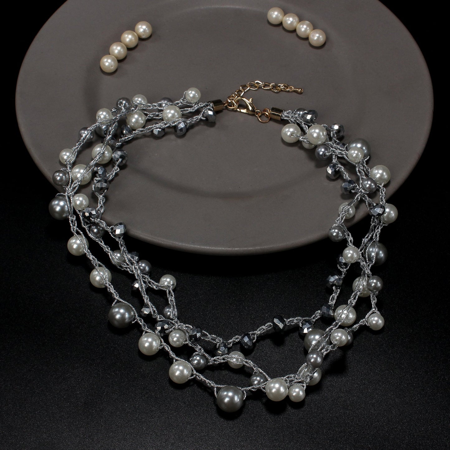 Statement pearls- Pearl studded statement neckpiecegolden minimal layered necklace