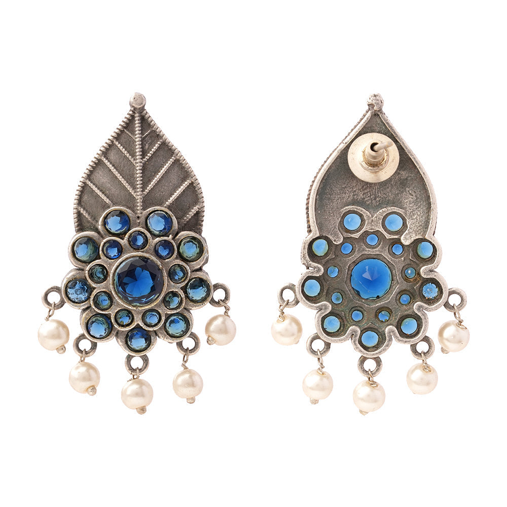 PatraPushp- Silver Brass Pearl Stud Earrings(Blue)