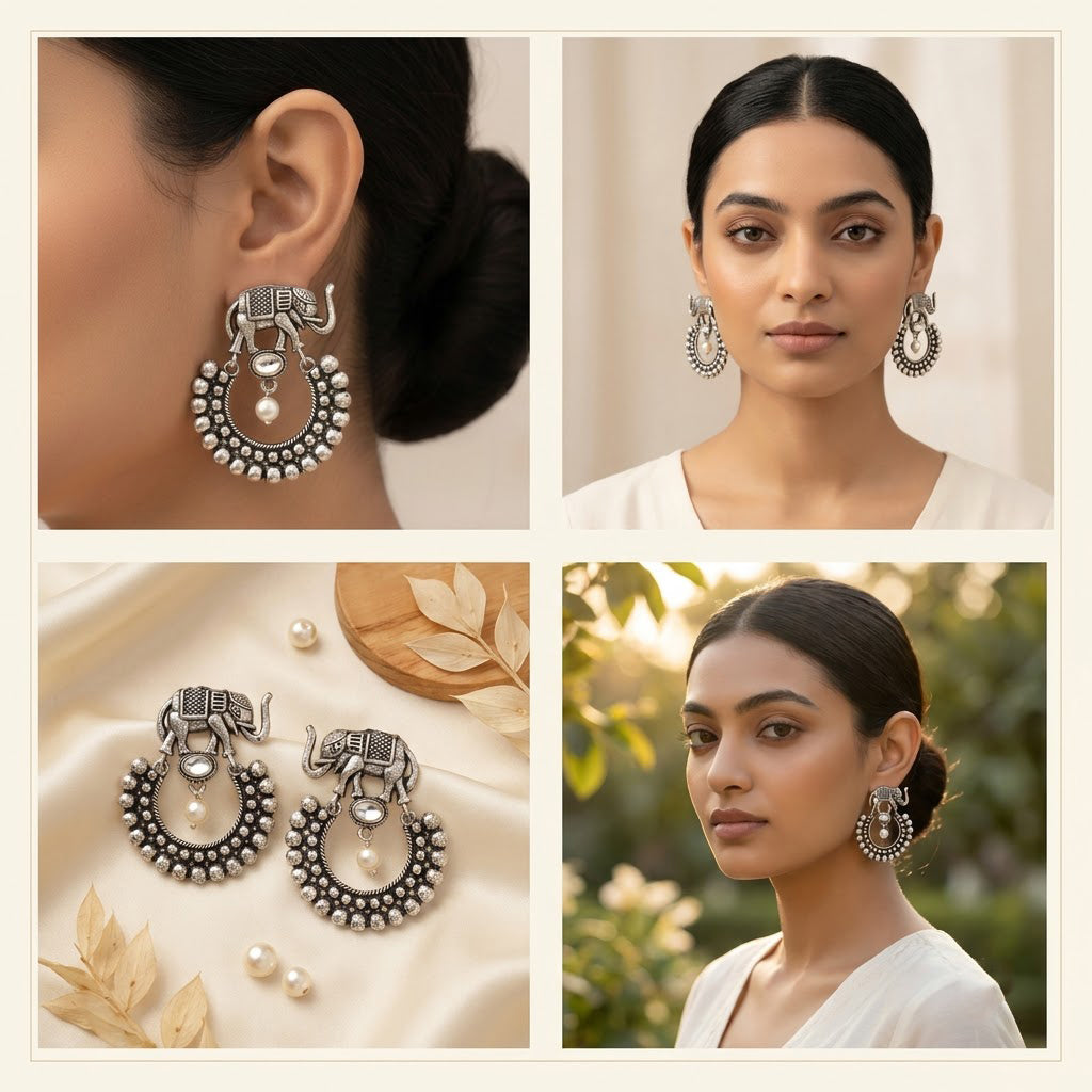 Oxidized Elephant Pearl Chandbali Earrings