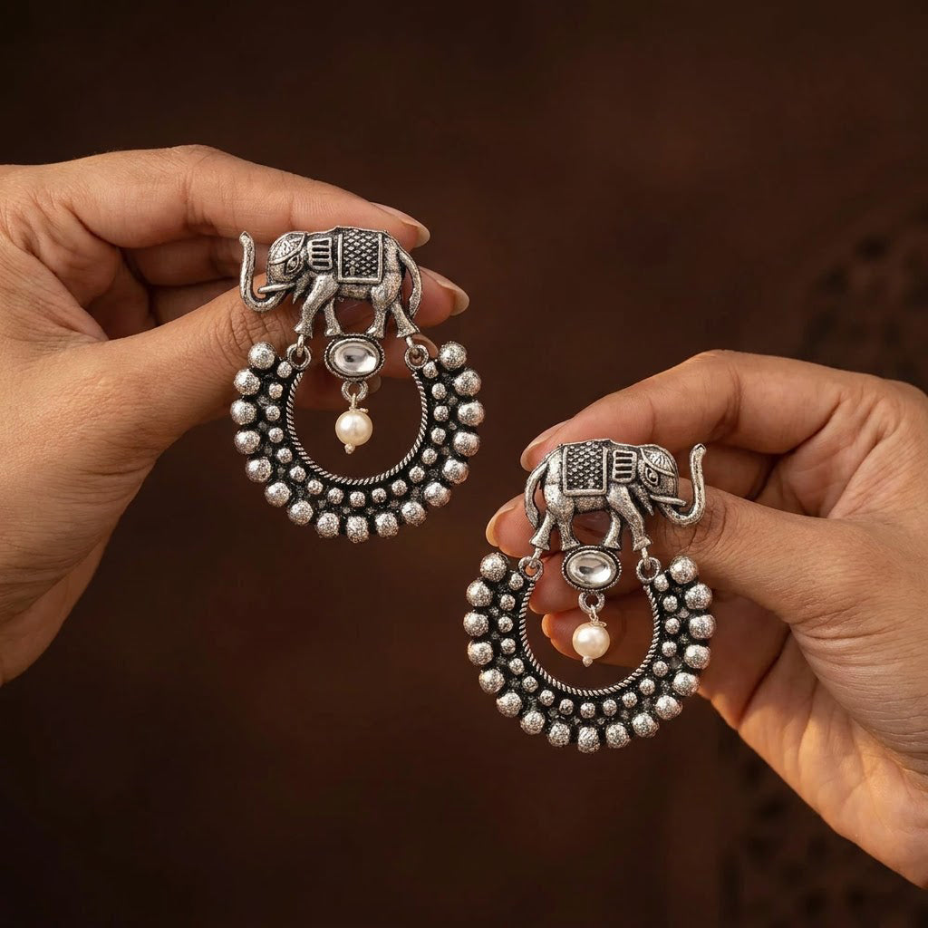 Oxidized Elephant Pearl Chandbali Earrings