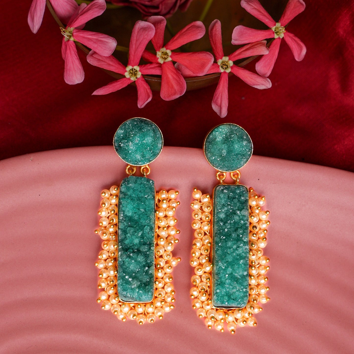 Tarini- Unpolished Stone Embellished With Mini Pearls(Green)
