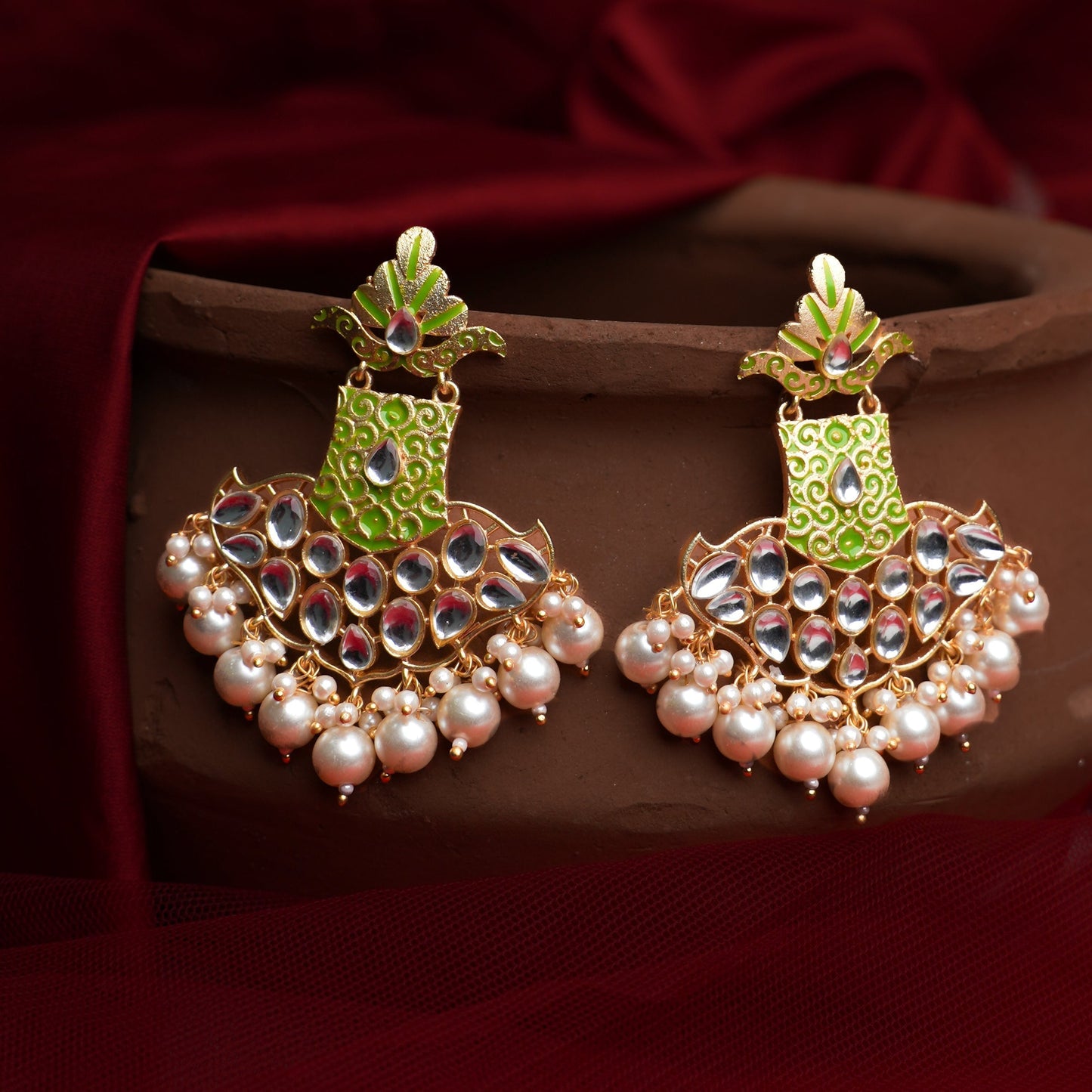 Tara – Stone-Studded Hanging Pearl Dangler Earrings (Green)