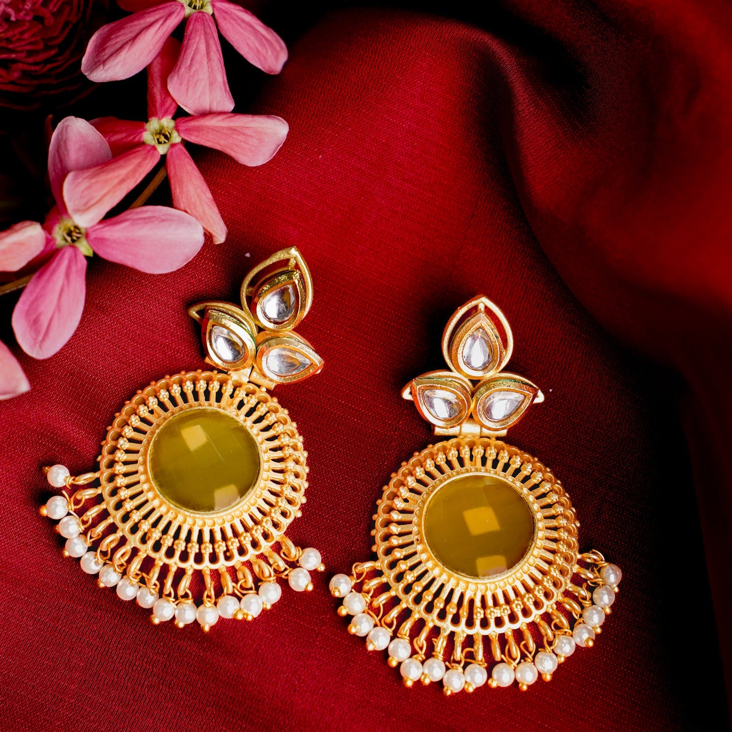 Nyra- Stone Studded Hanging Pearl Dangler Earrings(Yellow)