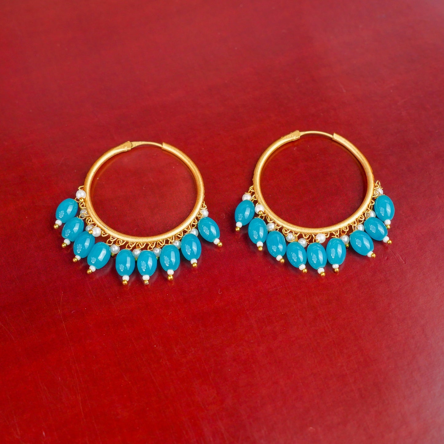 Zoya- Hanging Pearl Hoops Earrings(Aqua)