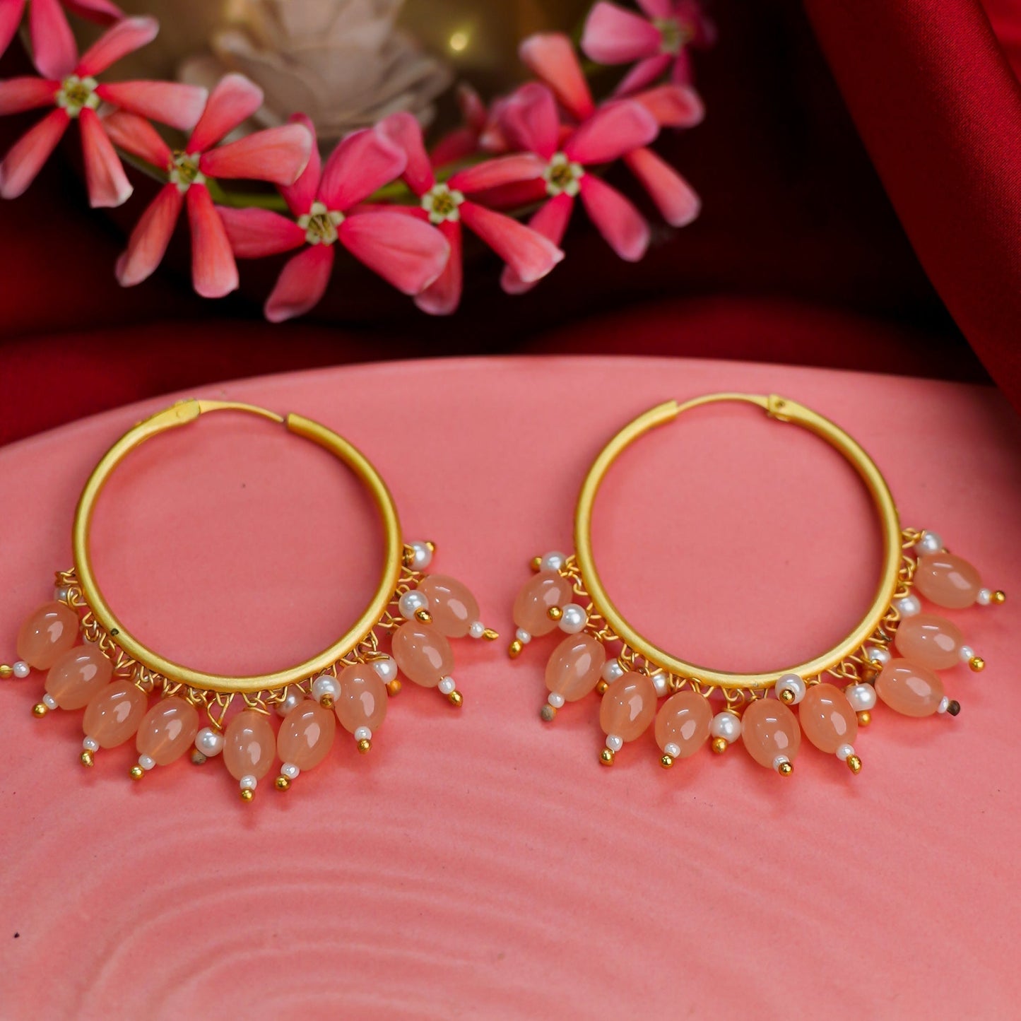 Zoya- Hanging Pearl Hoops Earrings(PeachPuff)