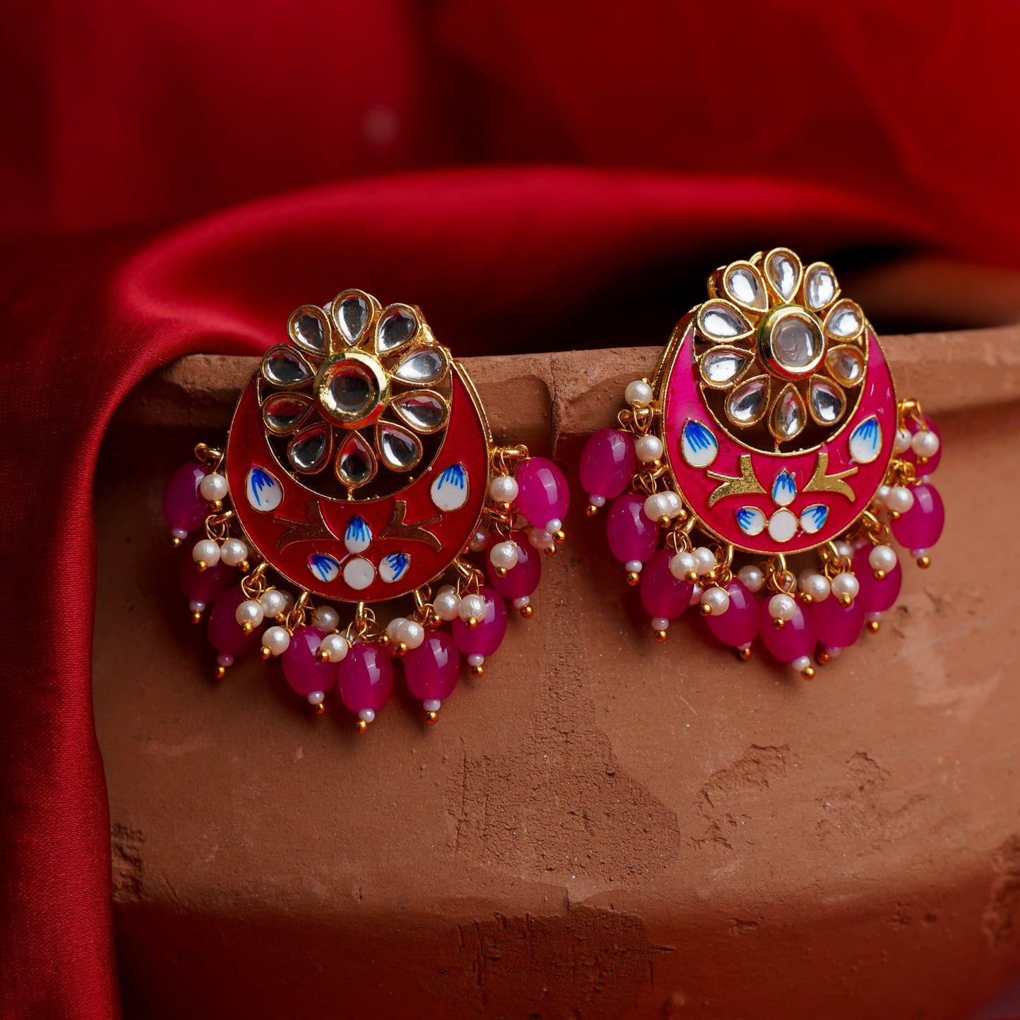 Aarvi- Stone Studded Stud Earrings(Pink)