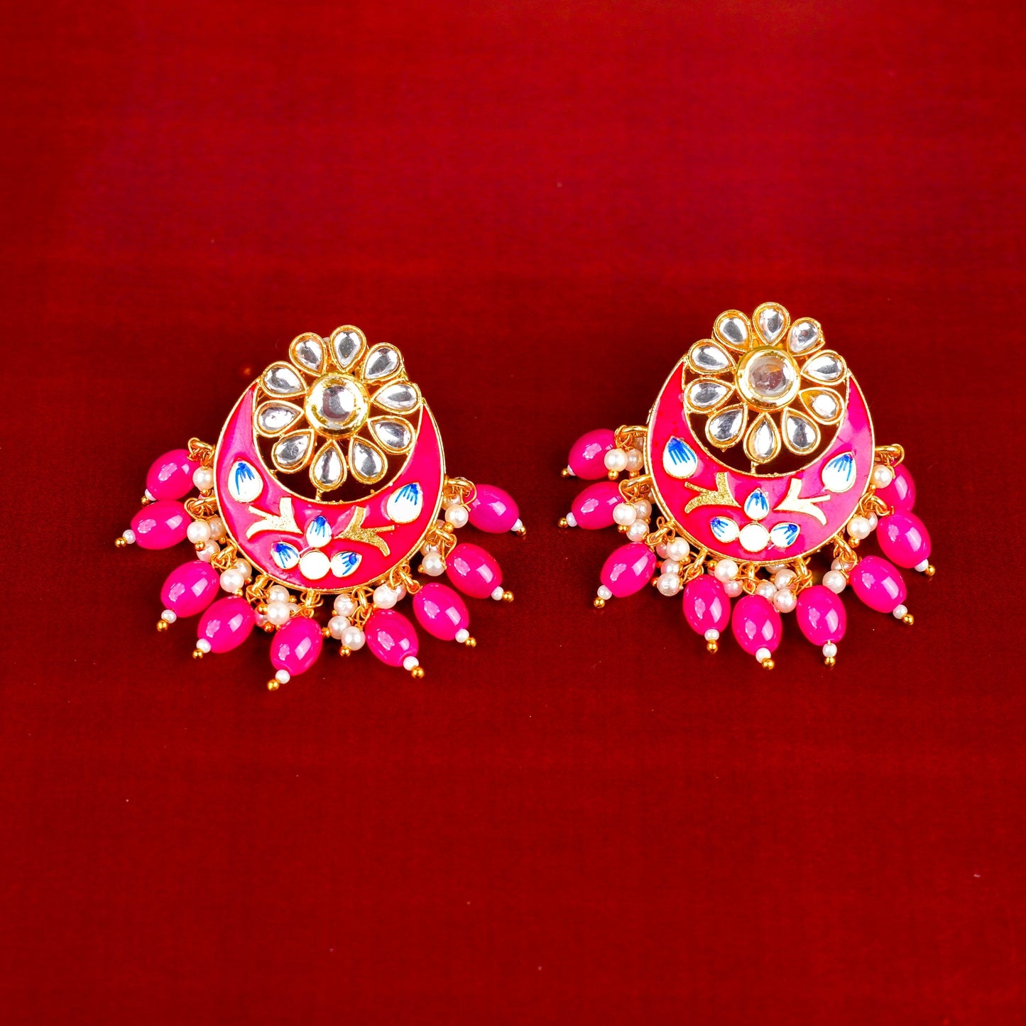 Aarvi- Stone Studded Stud Earrings(Pink)