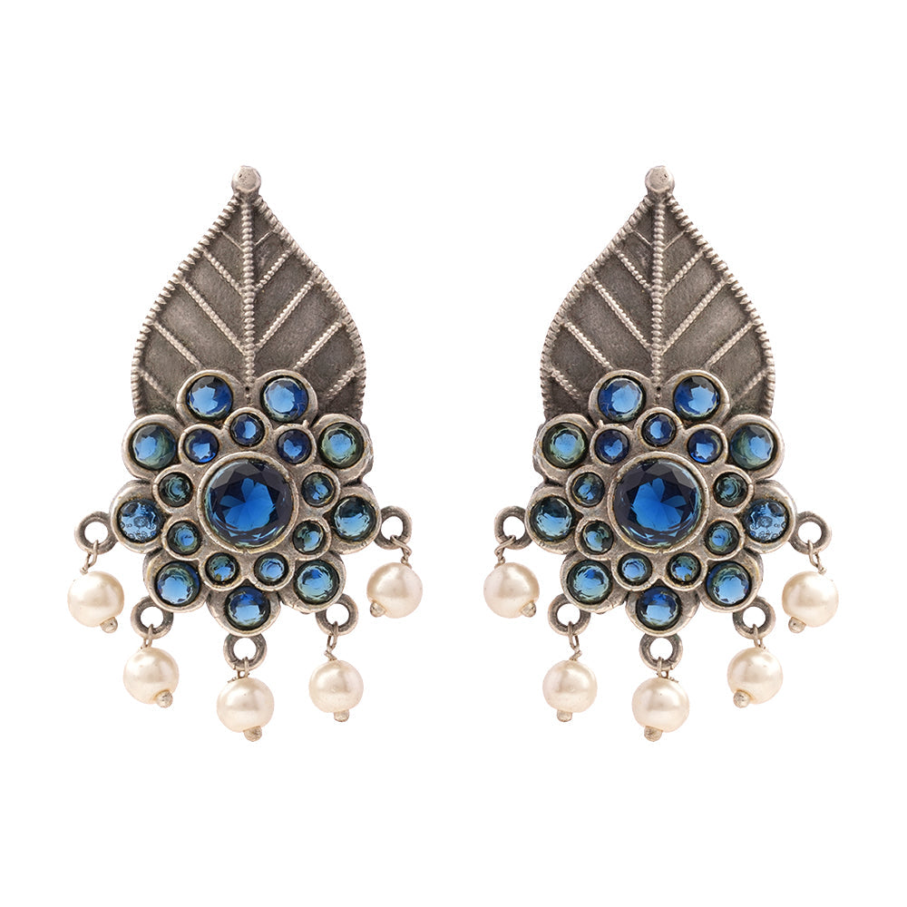 PatraPushp- Silver Brass Pearl Stud Earrings(Blue)