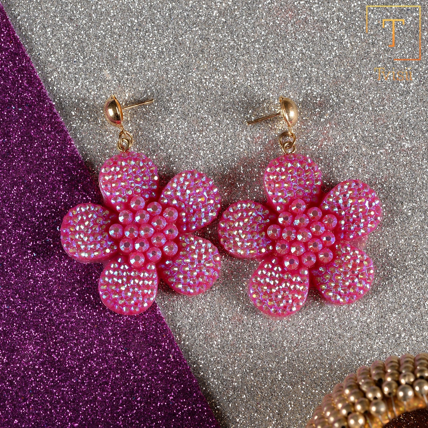 Blush Bloom- Stone studded flower shaped dangler earrings(Pink)