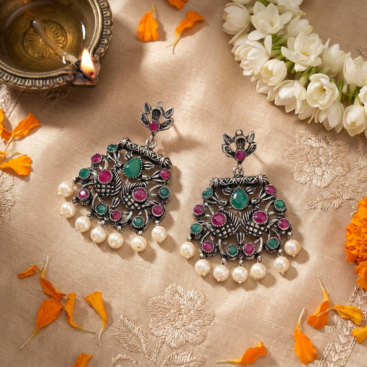 Oxidized Peacock Stone Drop Earrings