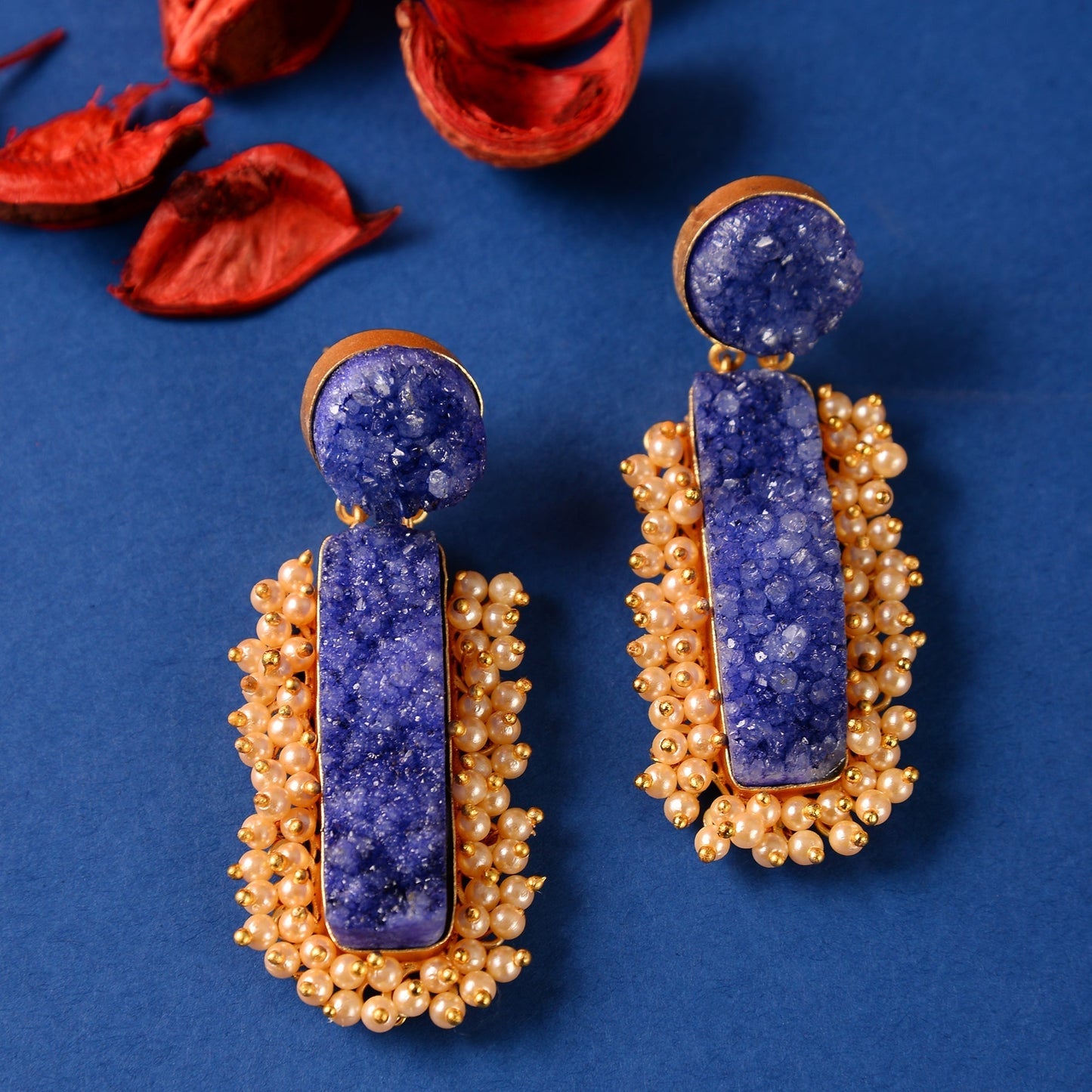 Tarini- Unpolished Stone Embellished With Mini Pearls Dangler Earring(Blue)