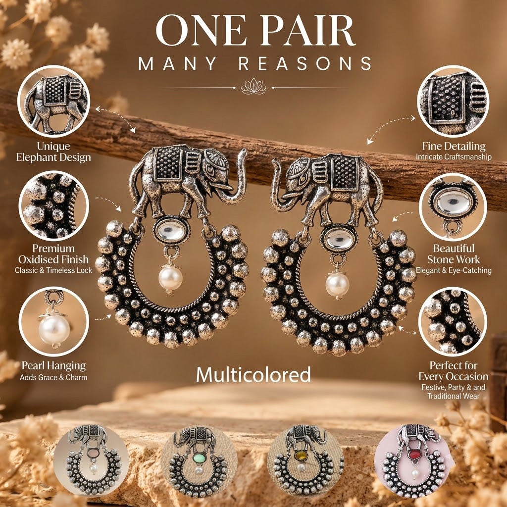 Oxidized Elephant Pearl Chandbali Earrings