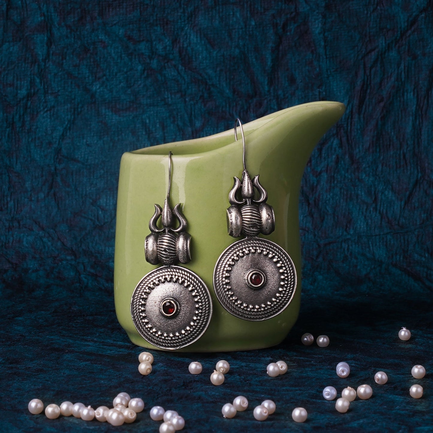 Trishool- Silver Brass Oxidised dangler earrings(Red)