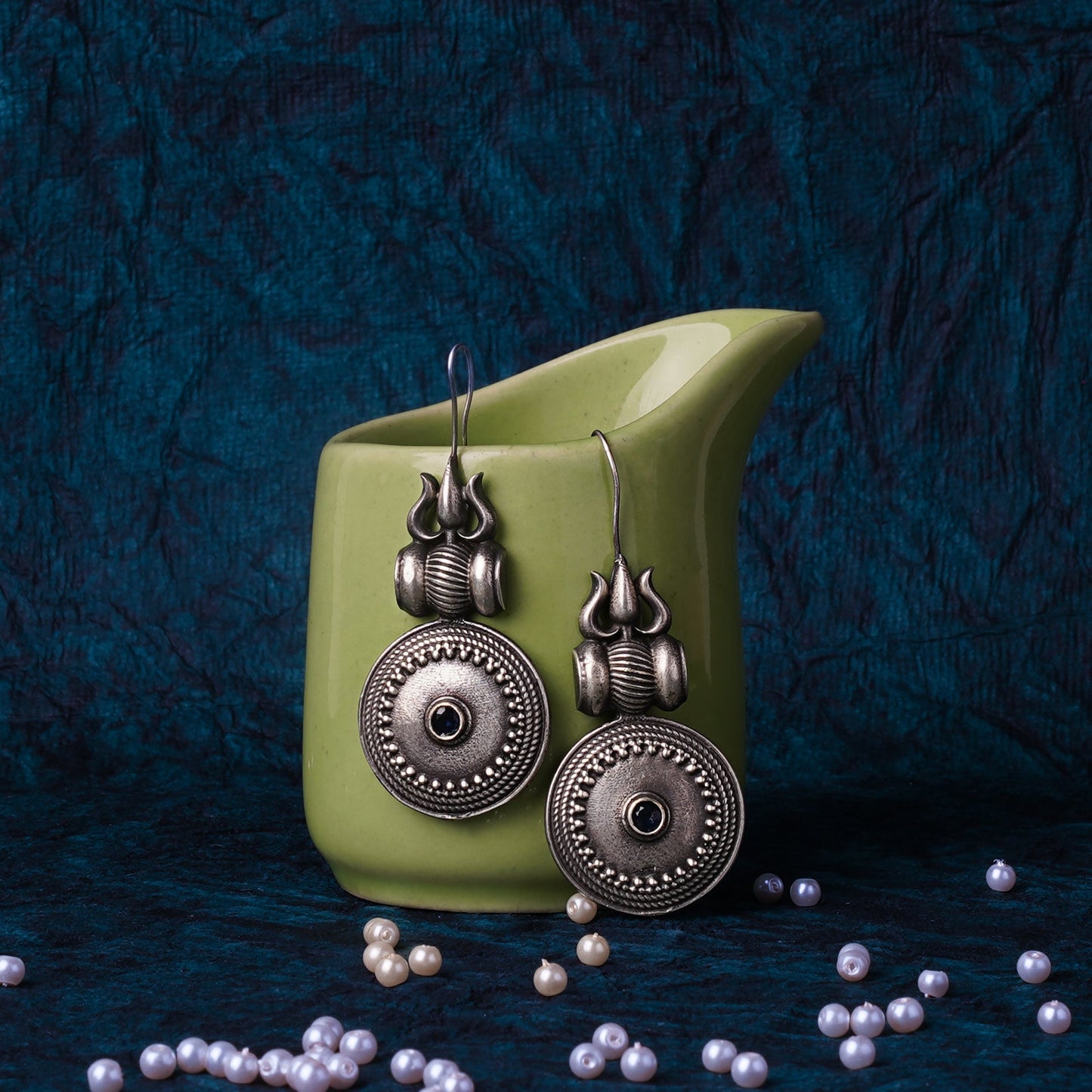 Trishool- Silver Brass Oxidised dangler earrings(Blue)