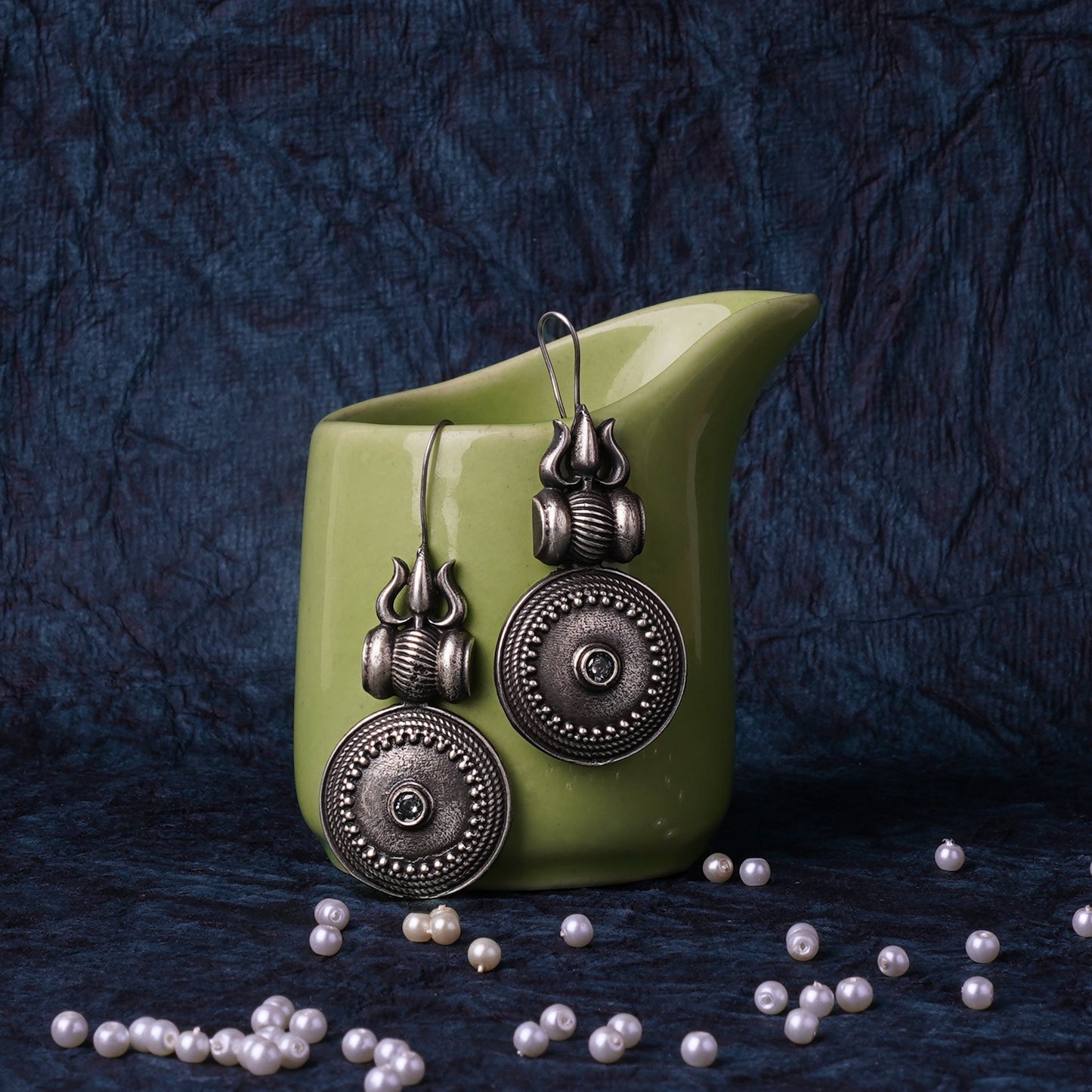 Trishool- Silver Brass Oxidised dangler earrings(White)