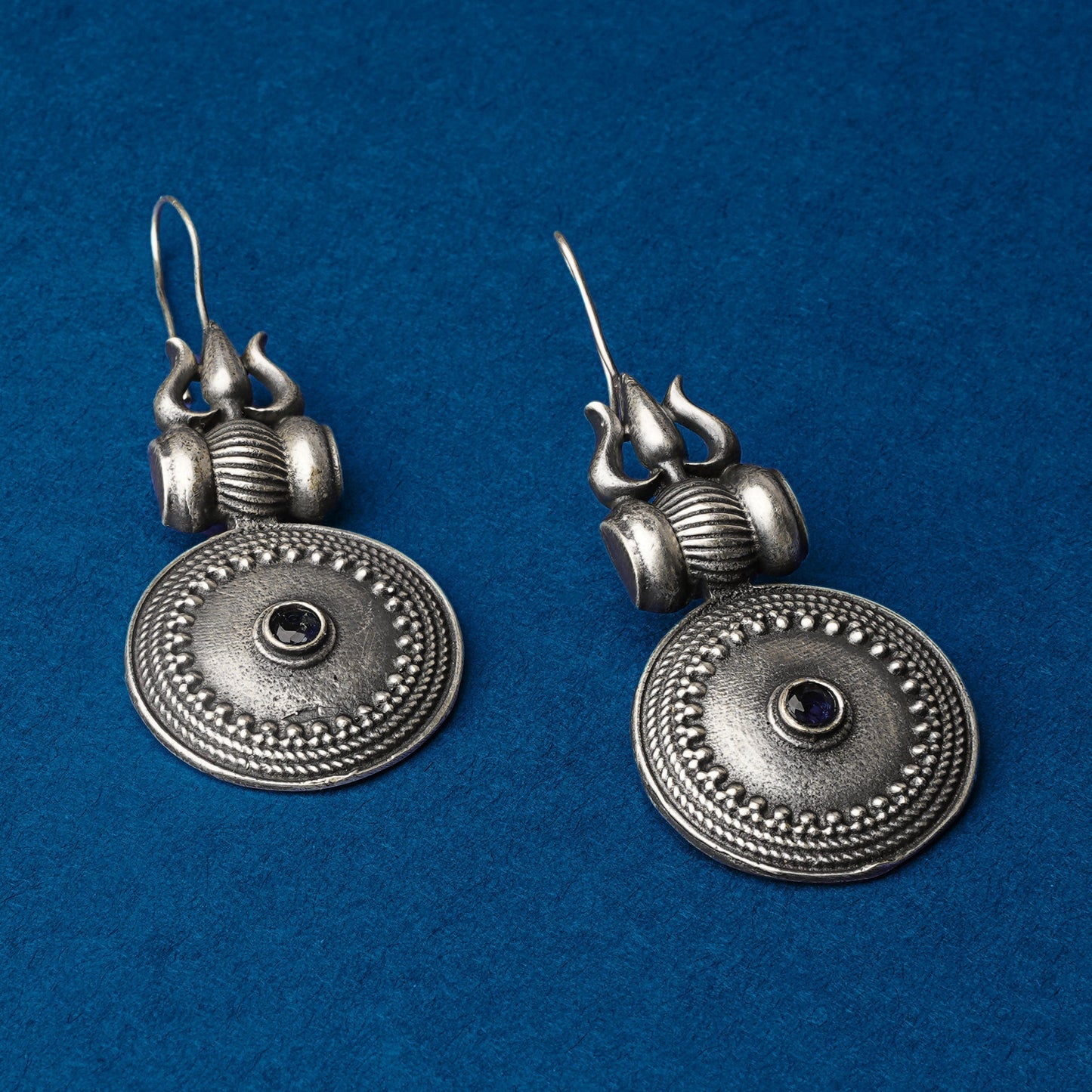 Trishool- Silver Brass Oxidised dangler earrings(Blue)