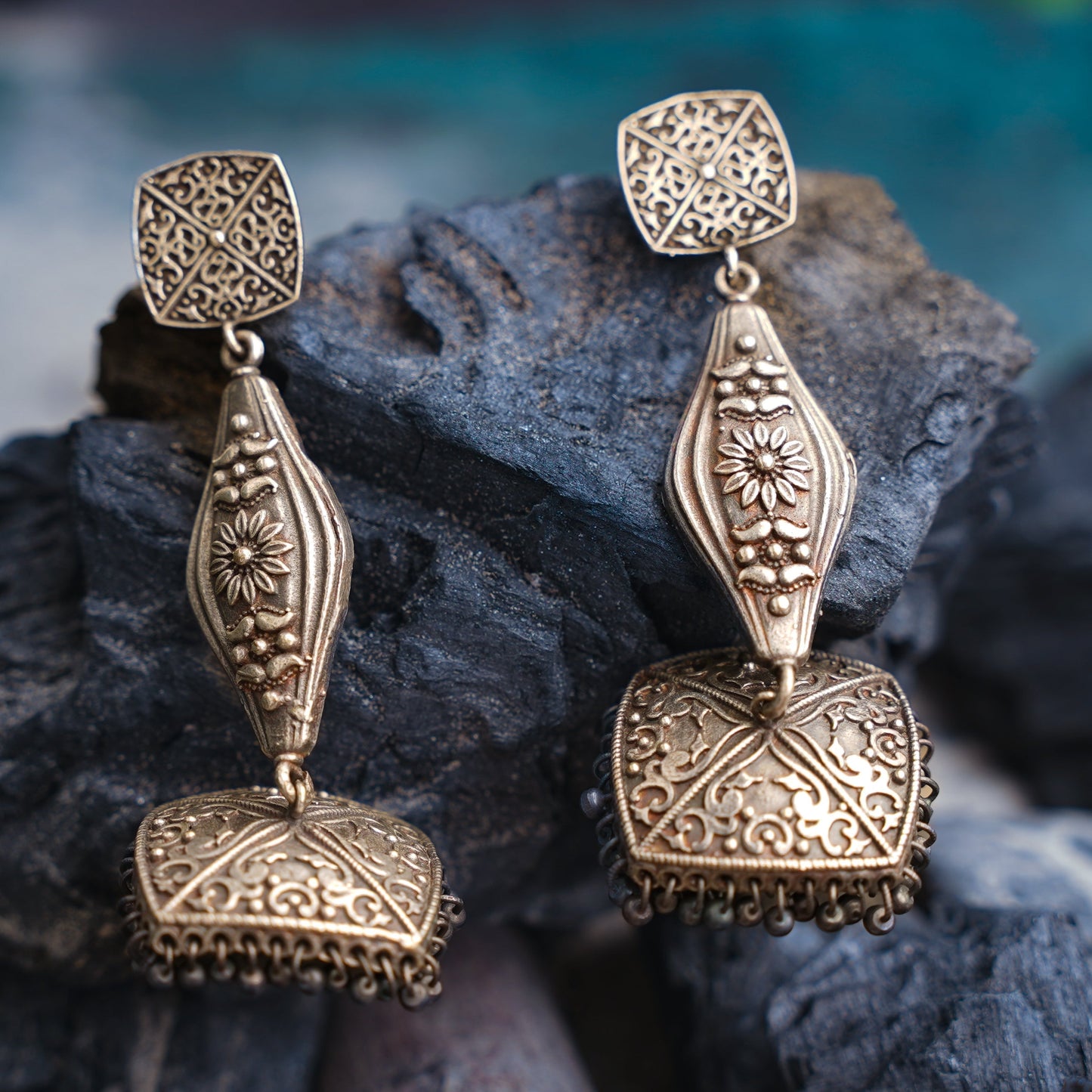 Shubhra- Silver Brass Oxidised dangler earrings
