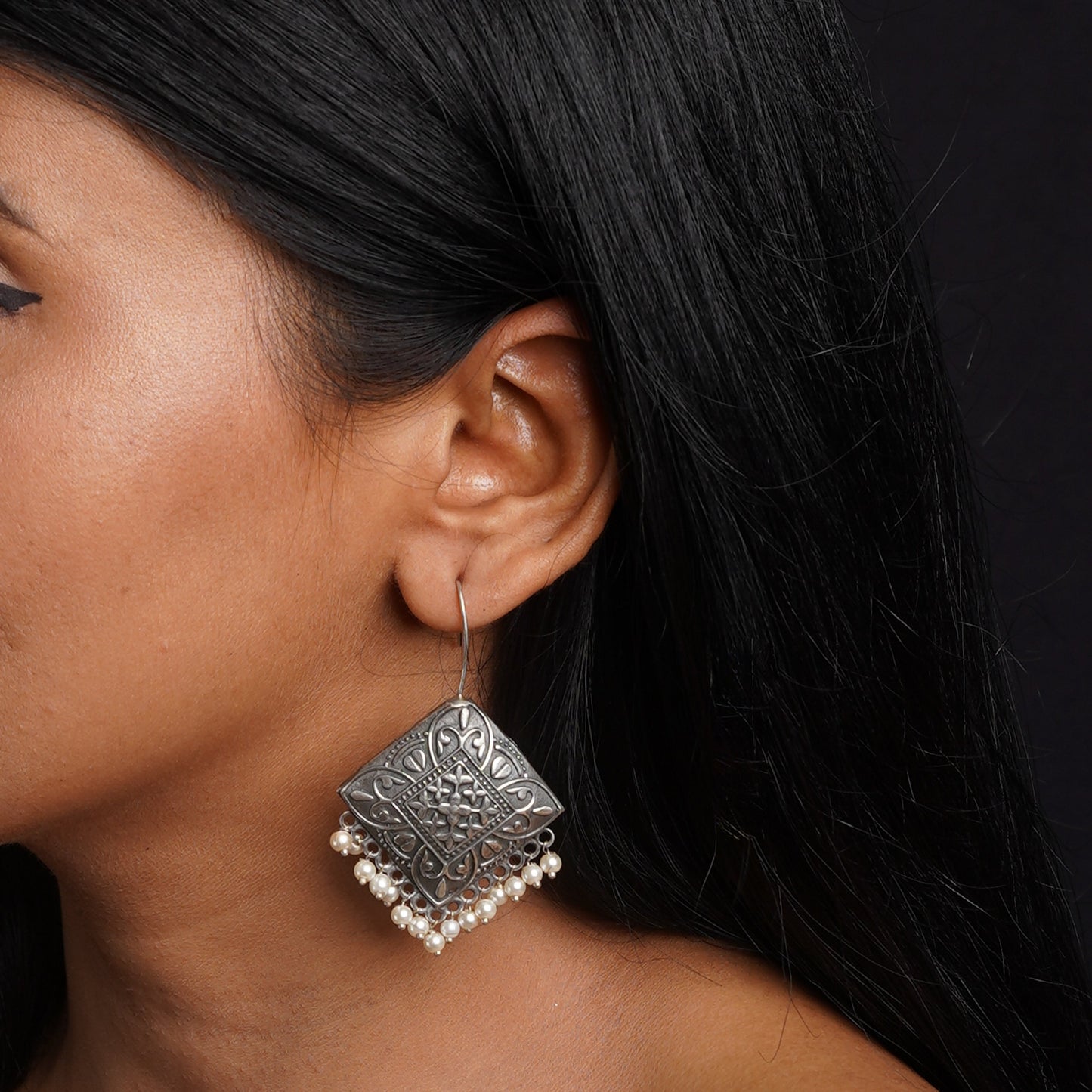 Vajra- Silver Brass Pearl Dangler Earrings