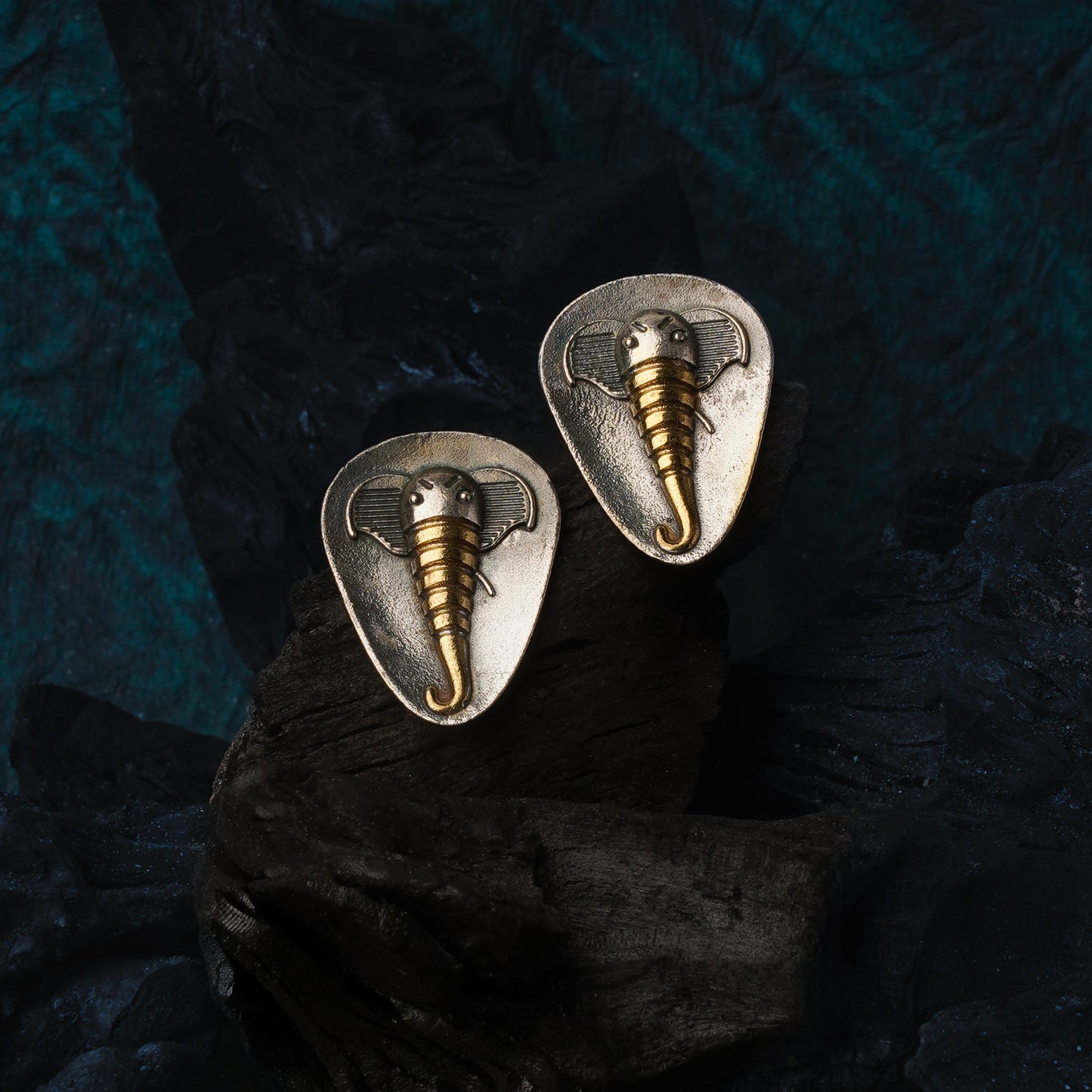 Gajmukh- Silver Brass Oxidised stud Earrings