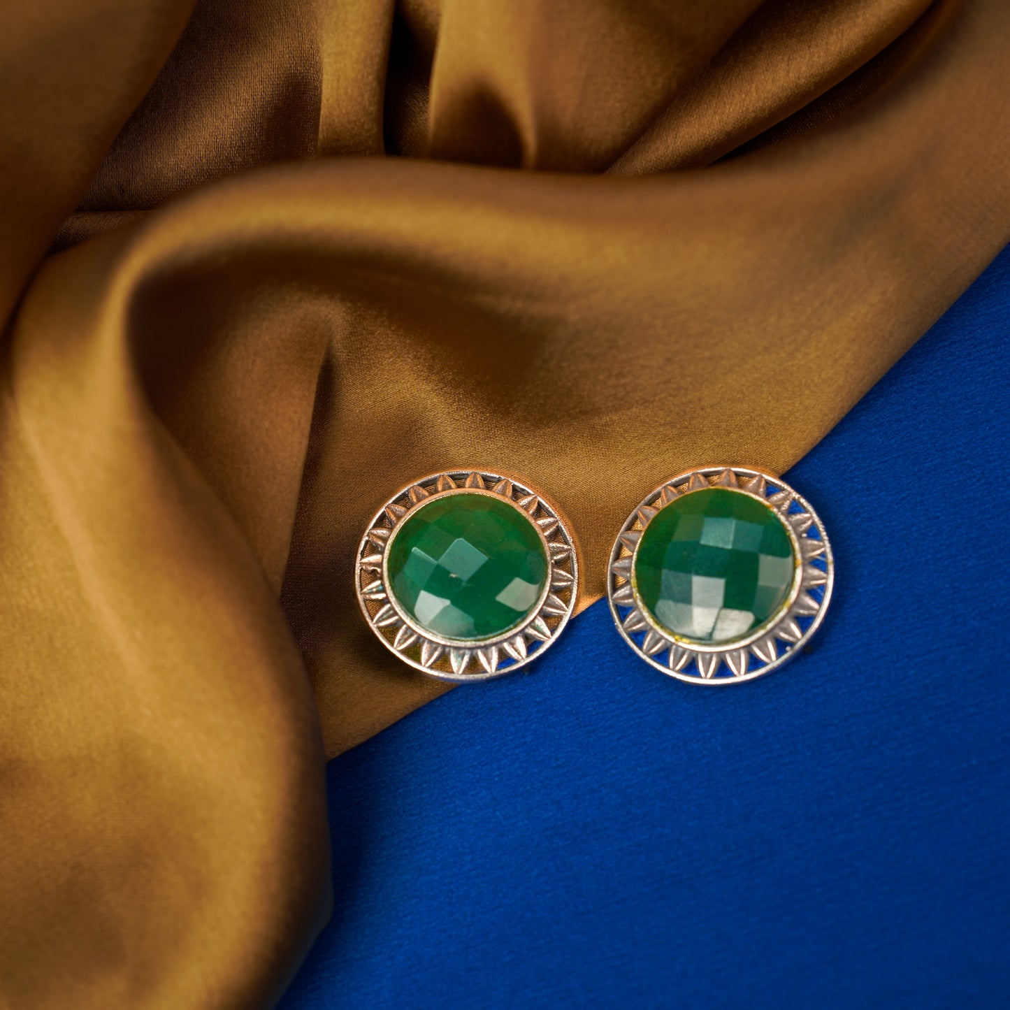 Manikya- Silver Brass Stone-Studded Stud Earrings(Green)