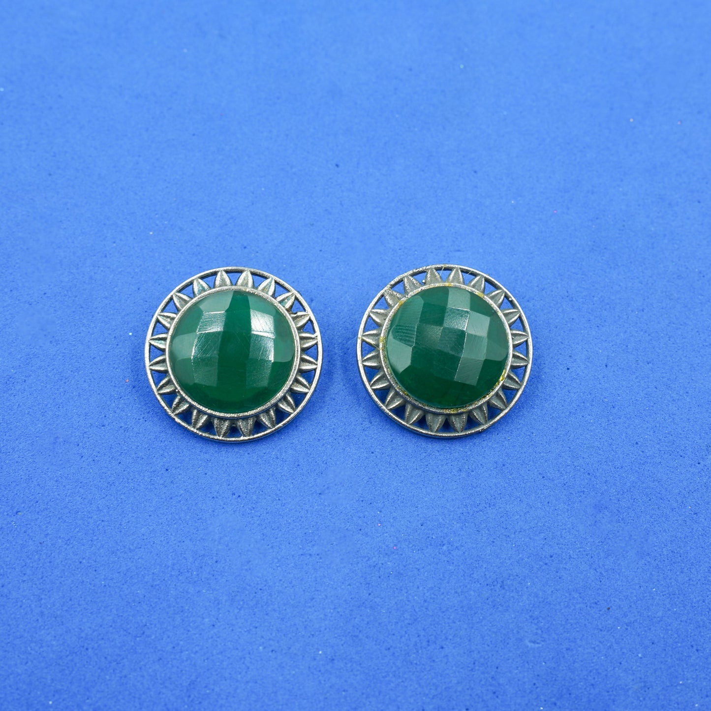 Manikya- Silver Brass Stone-Studded Stud Earrings(Green)
