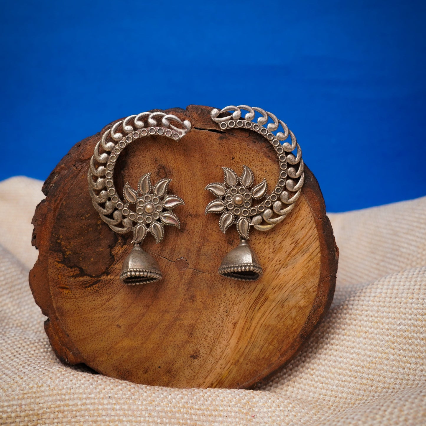 Chandphool- Silver Brass Oxidised Jhumka Earrings