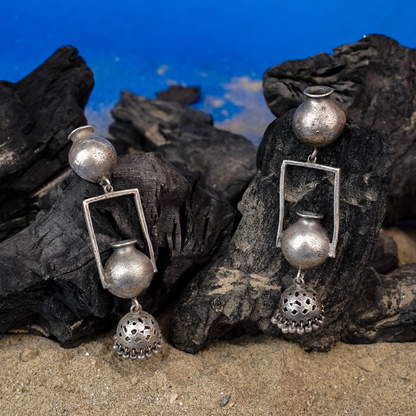 Mridghat- Silver Brass Oxidised Jhumka Earrings