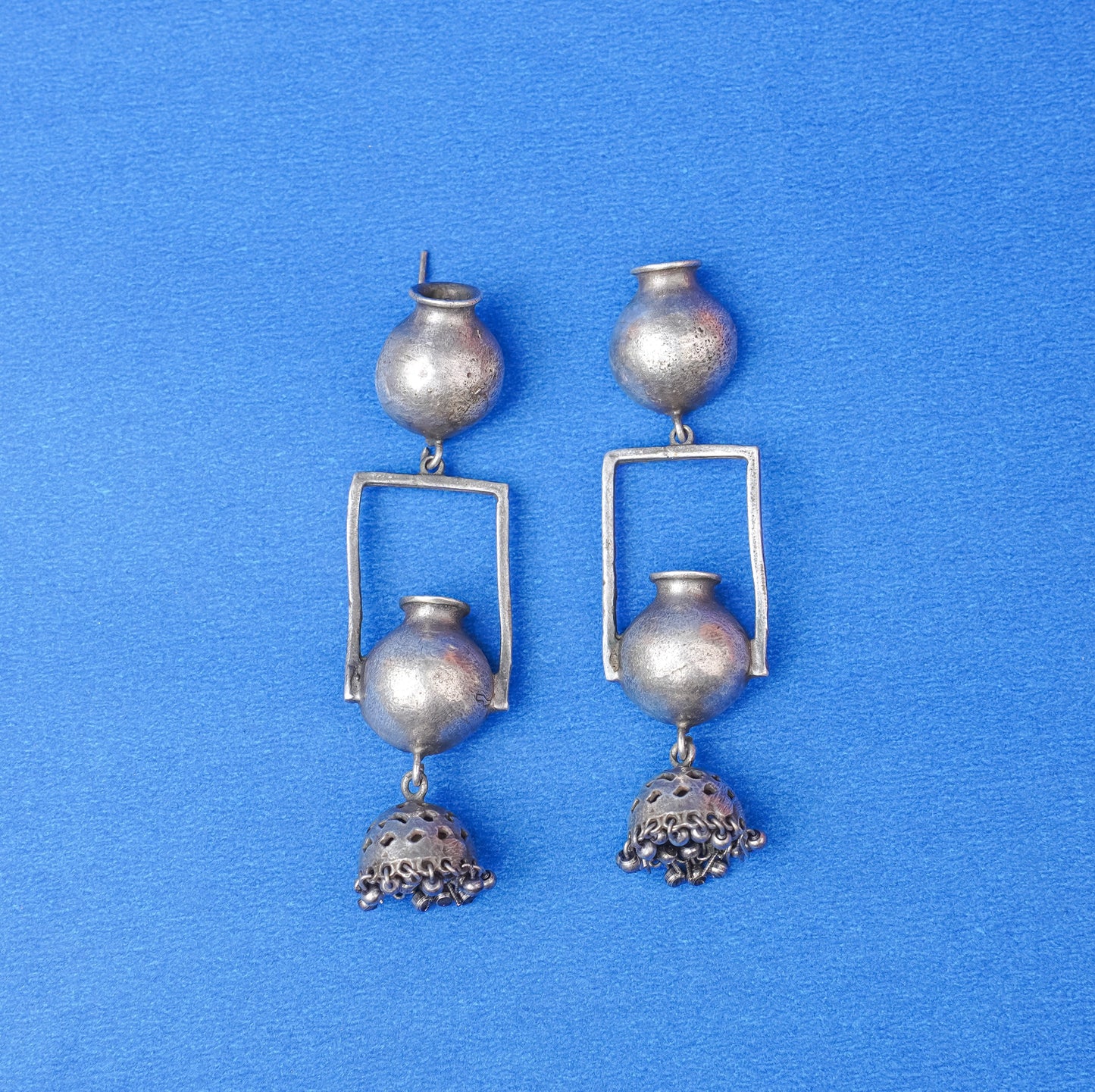 Mridghat- Silver Brass Oxidised Jhumka Earrings