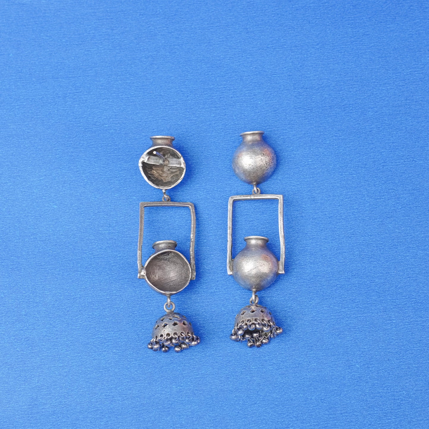 Mridghat- Silver Brass Oxidised Jhumka Earrings