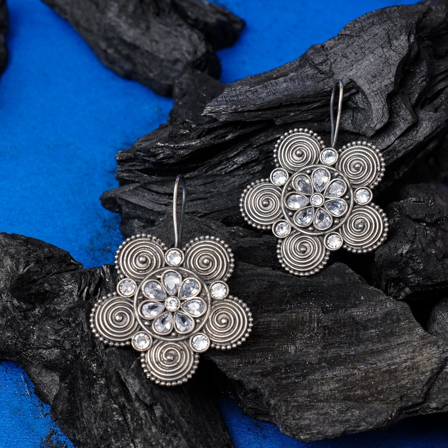 Padmavalli- Silver Brass Oxidised dangler earrings(White)