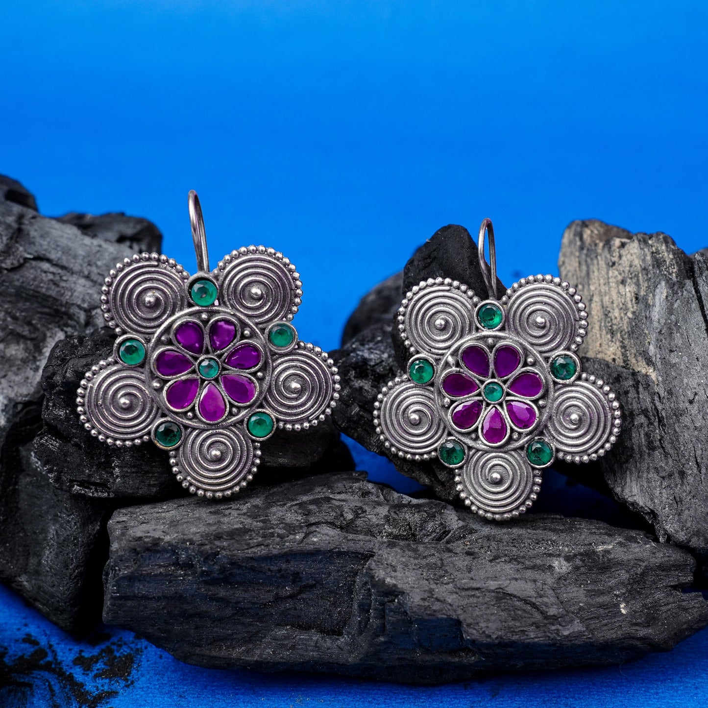 Padmavalli- Silver Brass Oxidised dangler earrings(Multicolored)