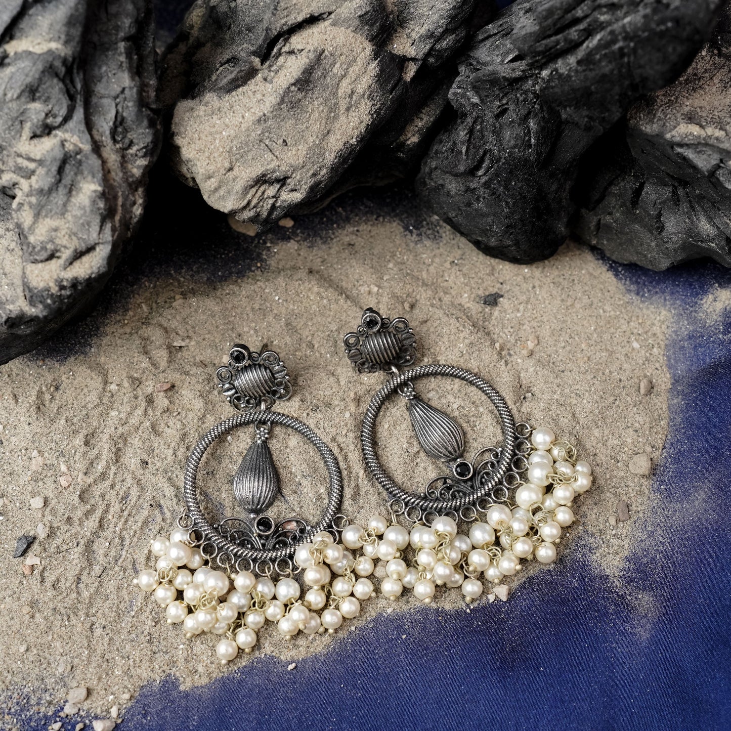 Ghoomar- Silver Brass Pearl dangler earrings(Black)