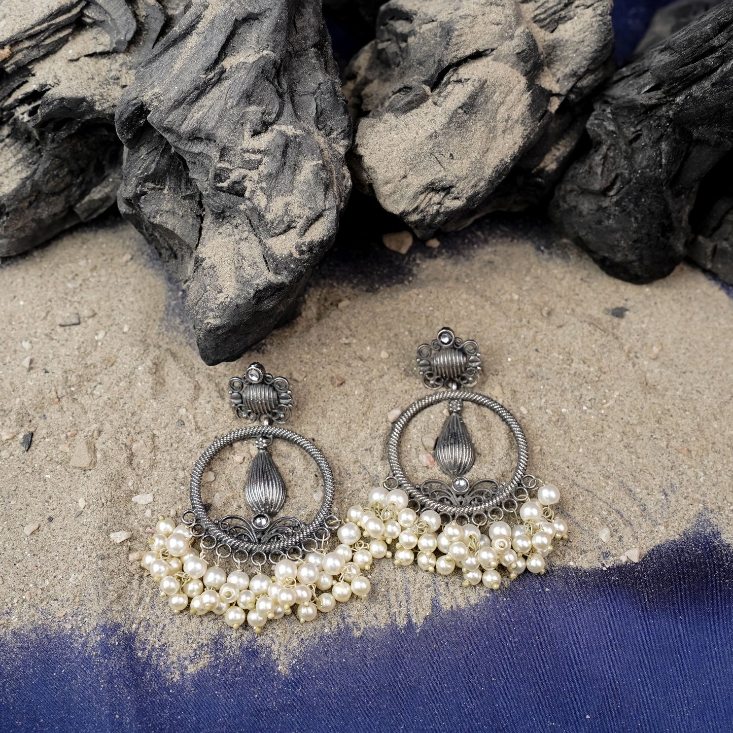 Ghoomar- Silver Brass Pearl dangler earrings(White)