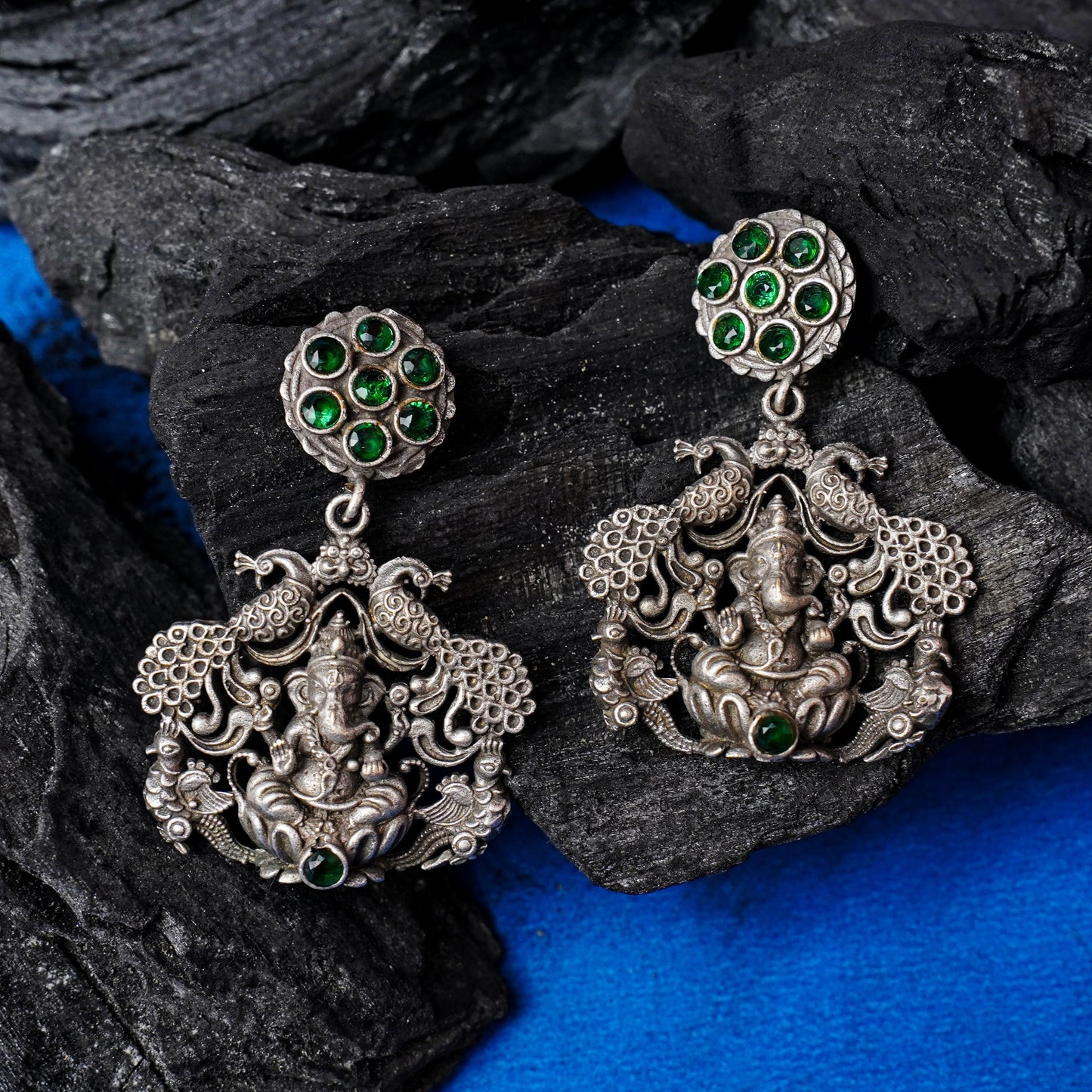 Gajanana- Silver Brass Oxidised dangler earrings(Green)