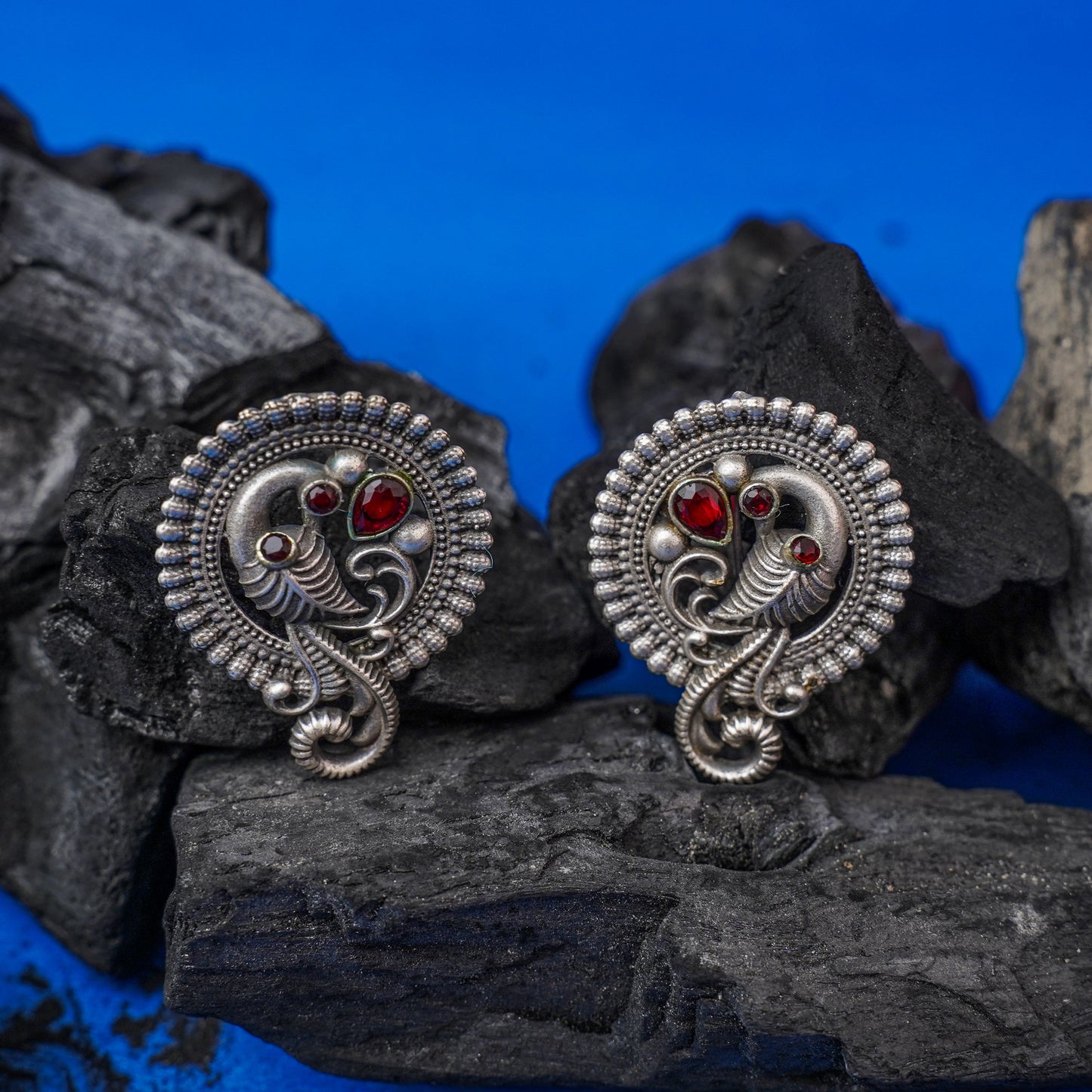 MorRatna- Silver Brass Stone-Studded Stud Earrings(Red)