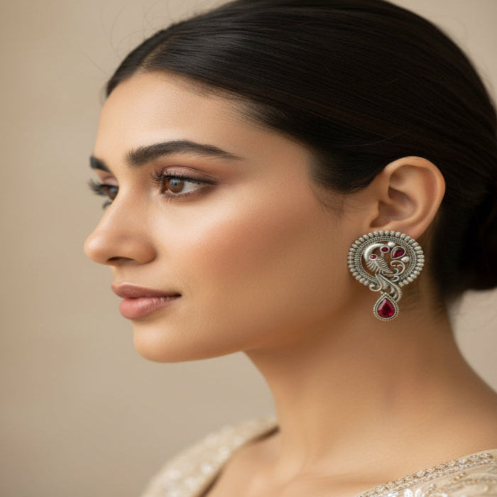MorRatna- Silver Brass Stone-Studded Stud Earrings(Red)
