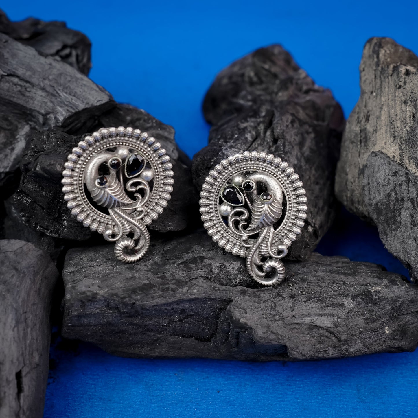 MorRatna- Silver Brass Stone-Studded Stud Earrings(Black)