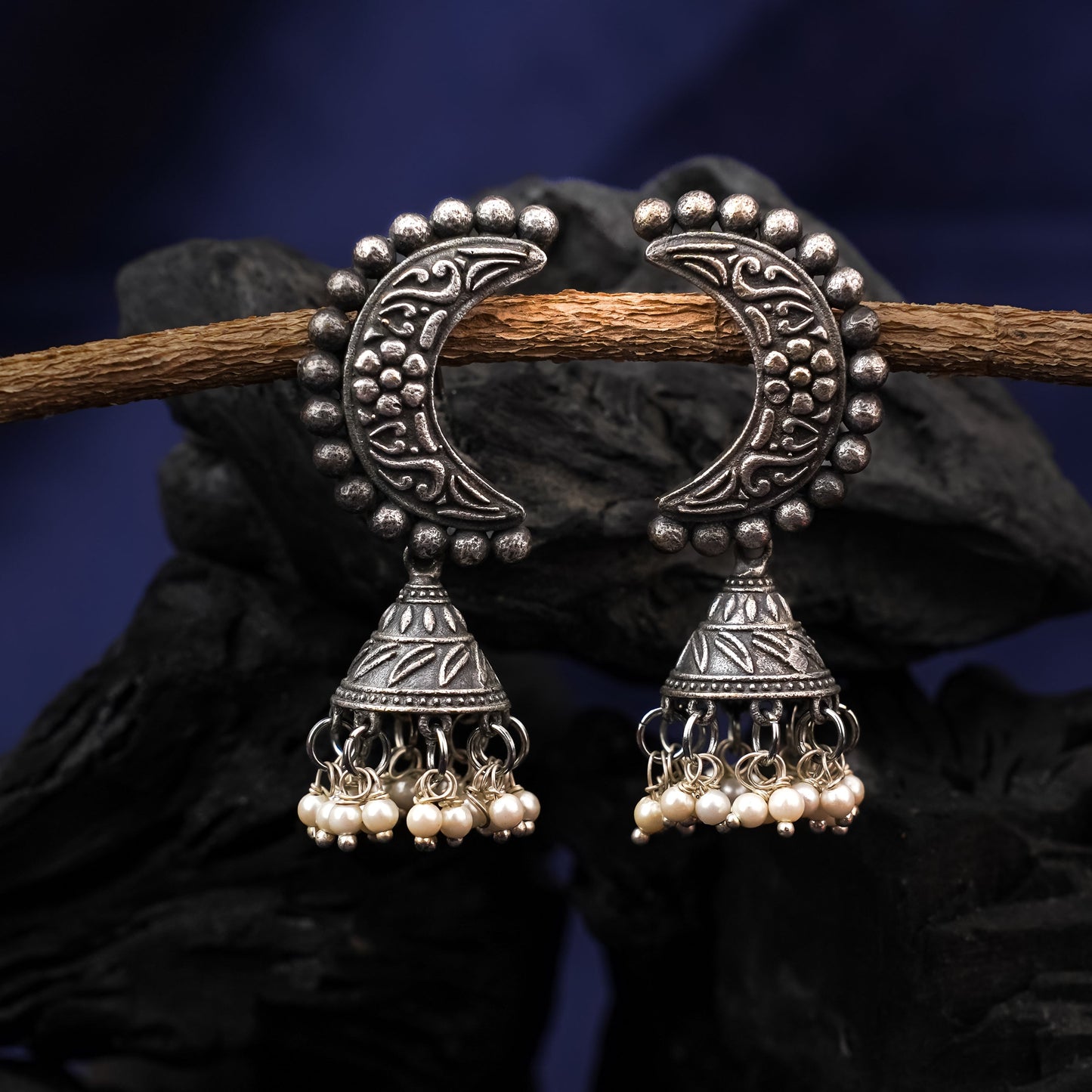 ArdhChandra- Silver Brass oxidised Jhumka earrings