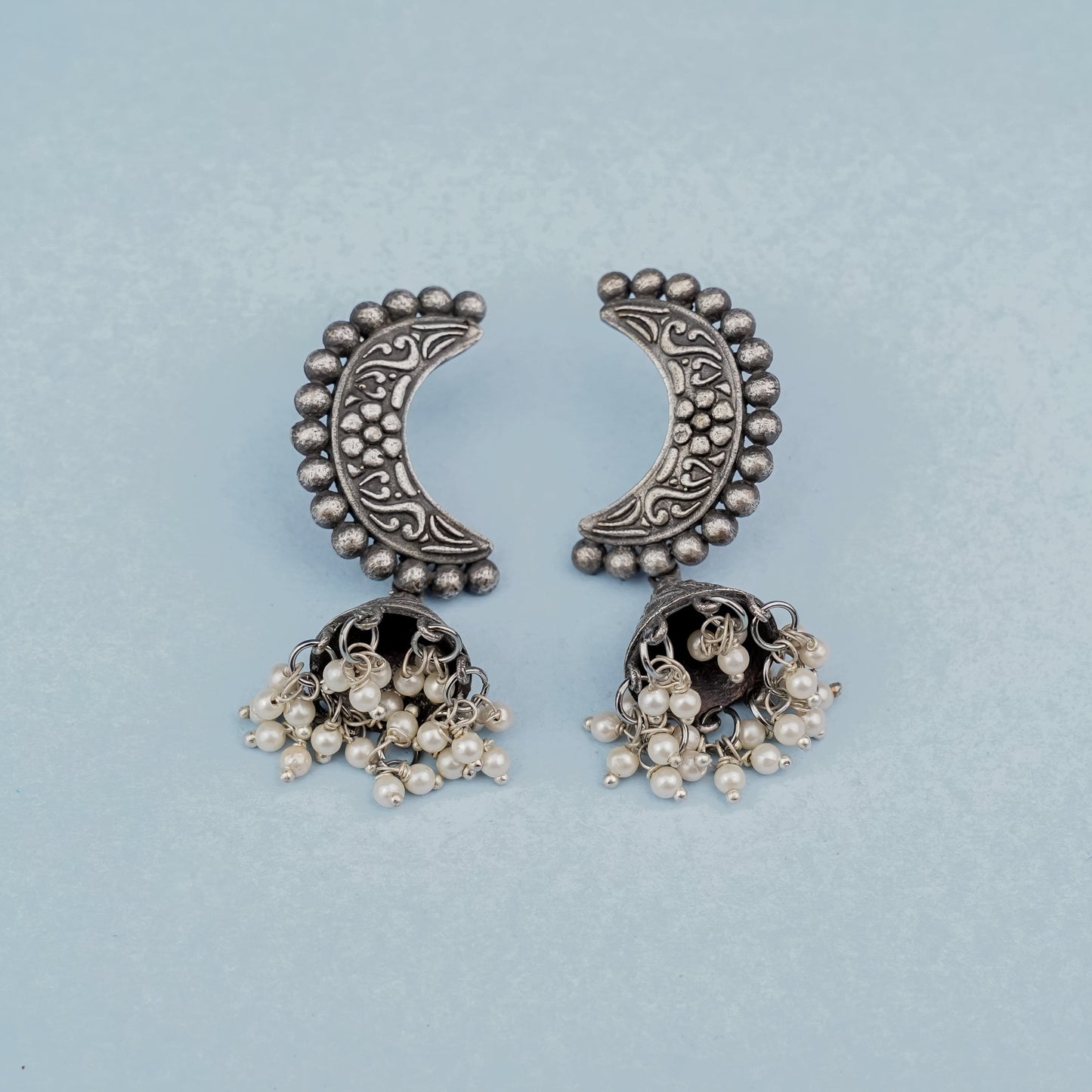 ArdhChandra- Silver Brass oxidised Jhumka earrings