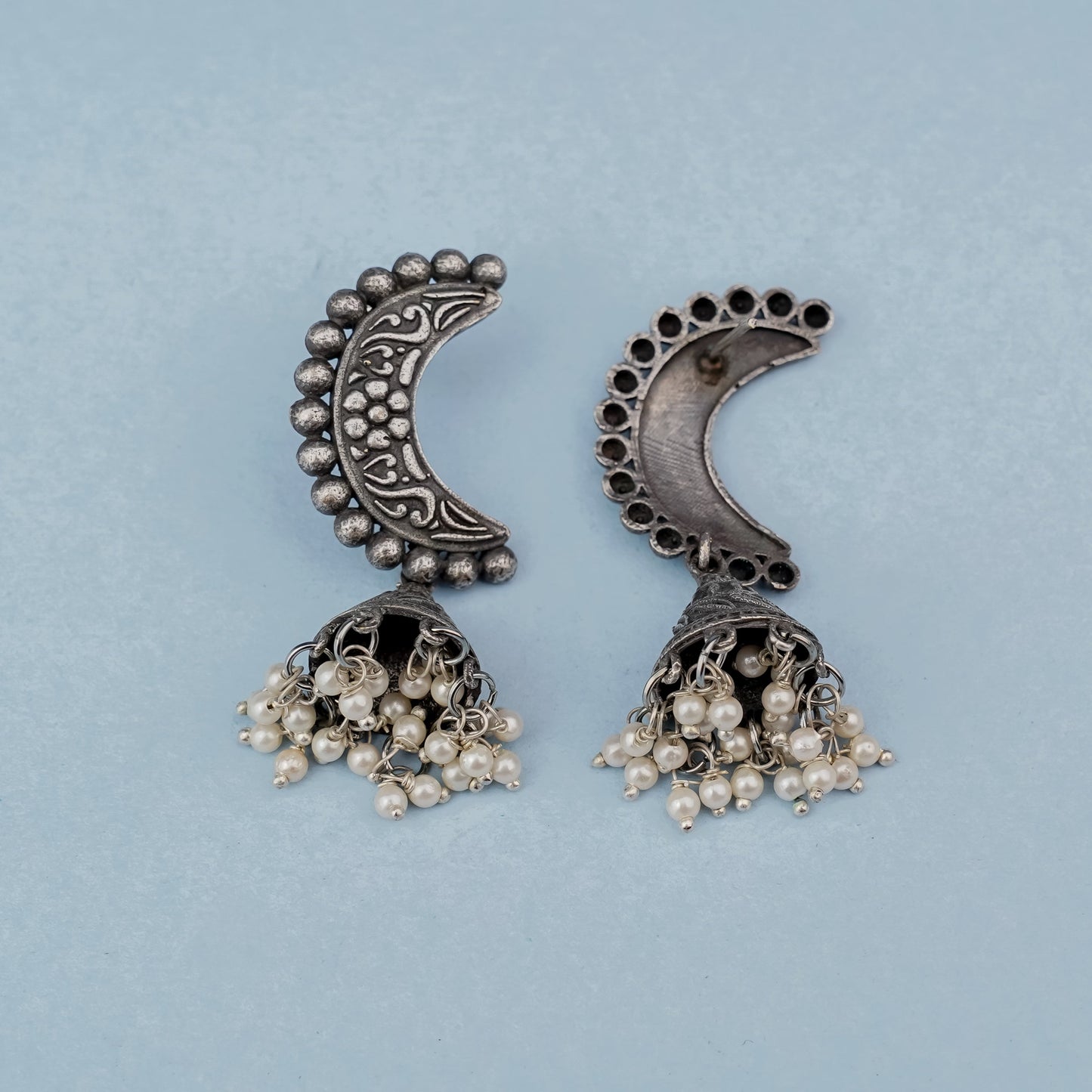 ArdhChandra- Silver Brass oxidised Jhumka earrings