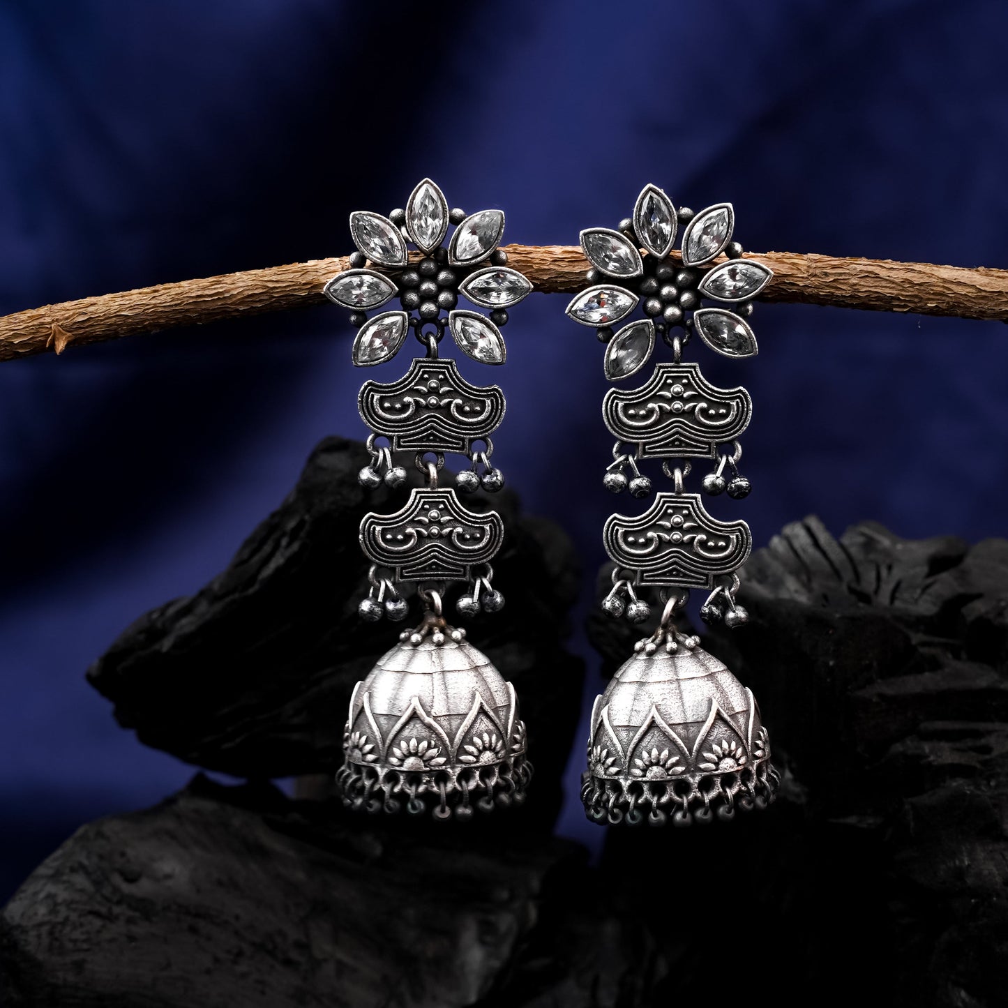 Kundanika- Silver Brass oxidised Jhumka earrings