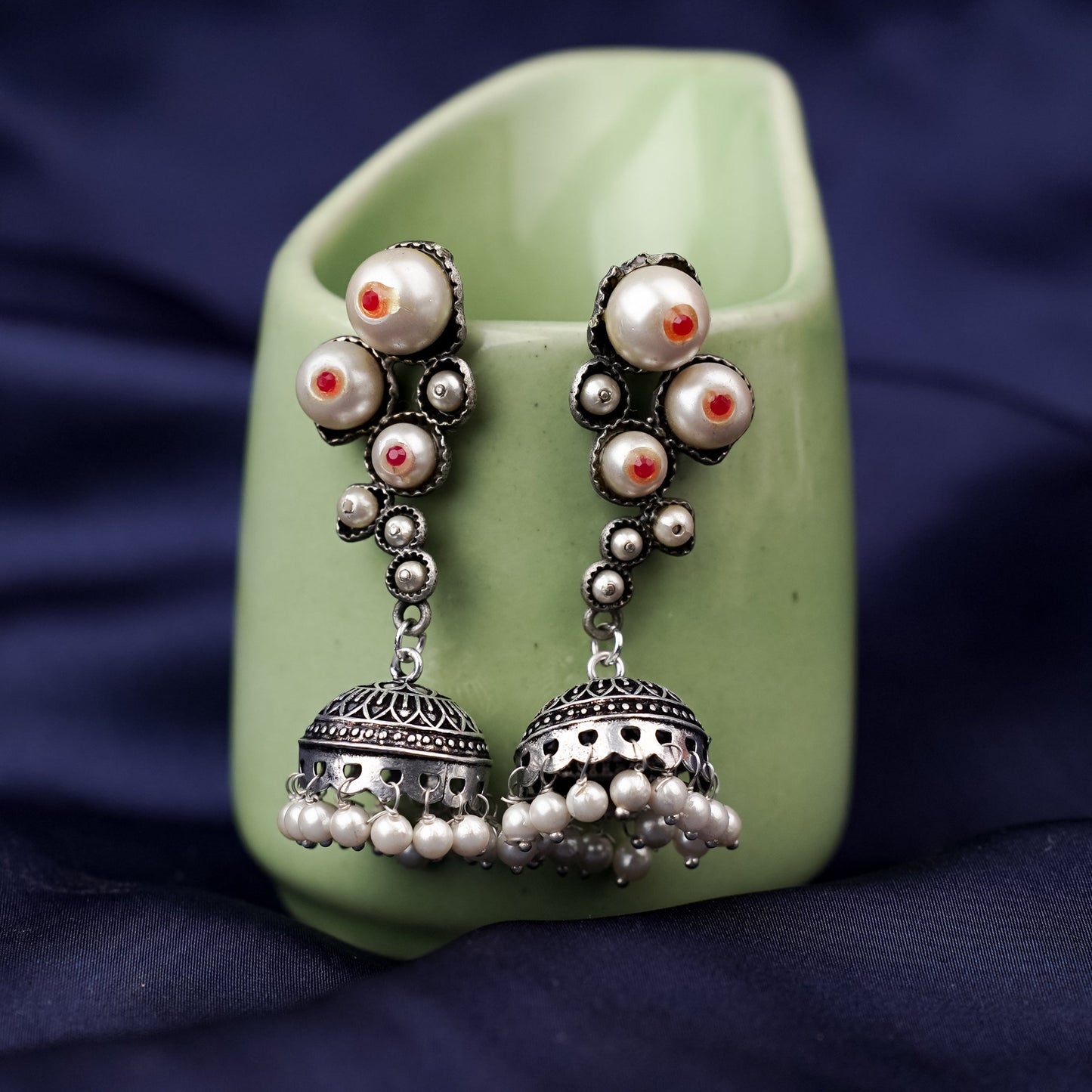Motikshi- Silver Brass Pearl jhumka earrings
