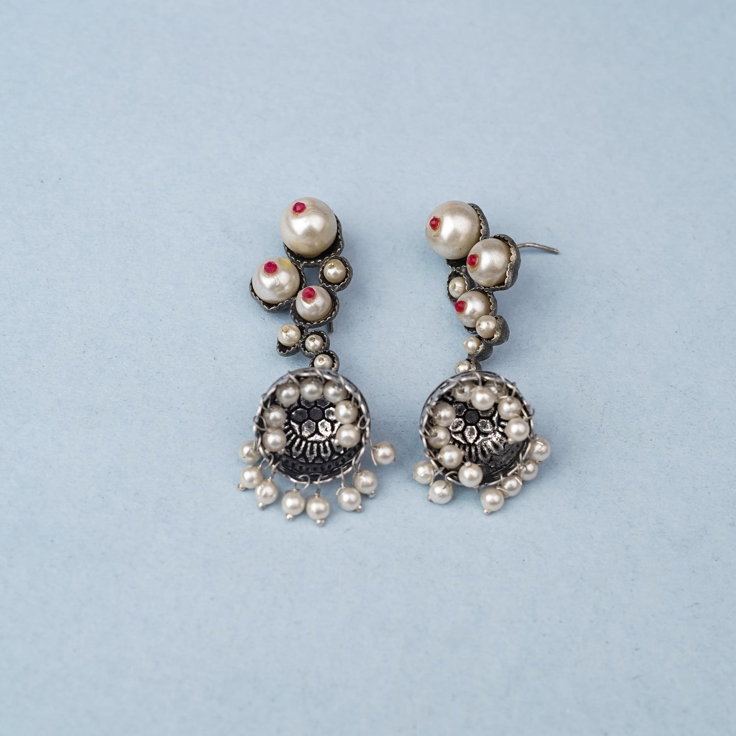 Motikshi- Silver Brass Pearl jhumka earrings