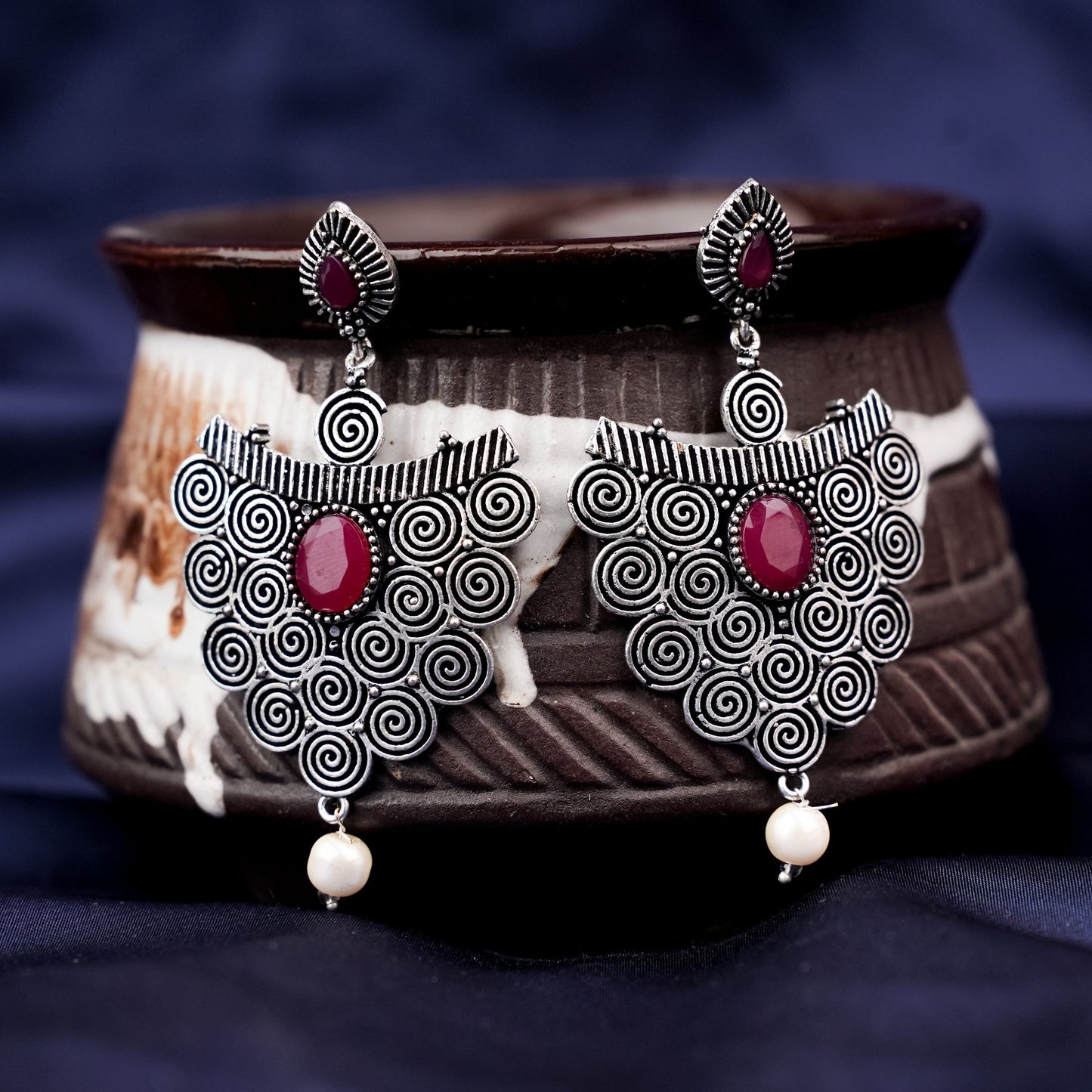 Vartika- Silver Brass Pearl dangler earrings