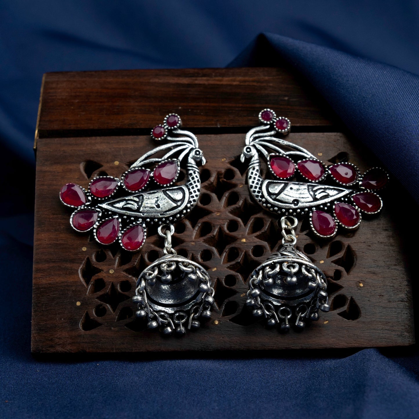 ChandMor- Silver Brass Pearl jhumka earrings (Red)