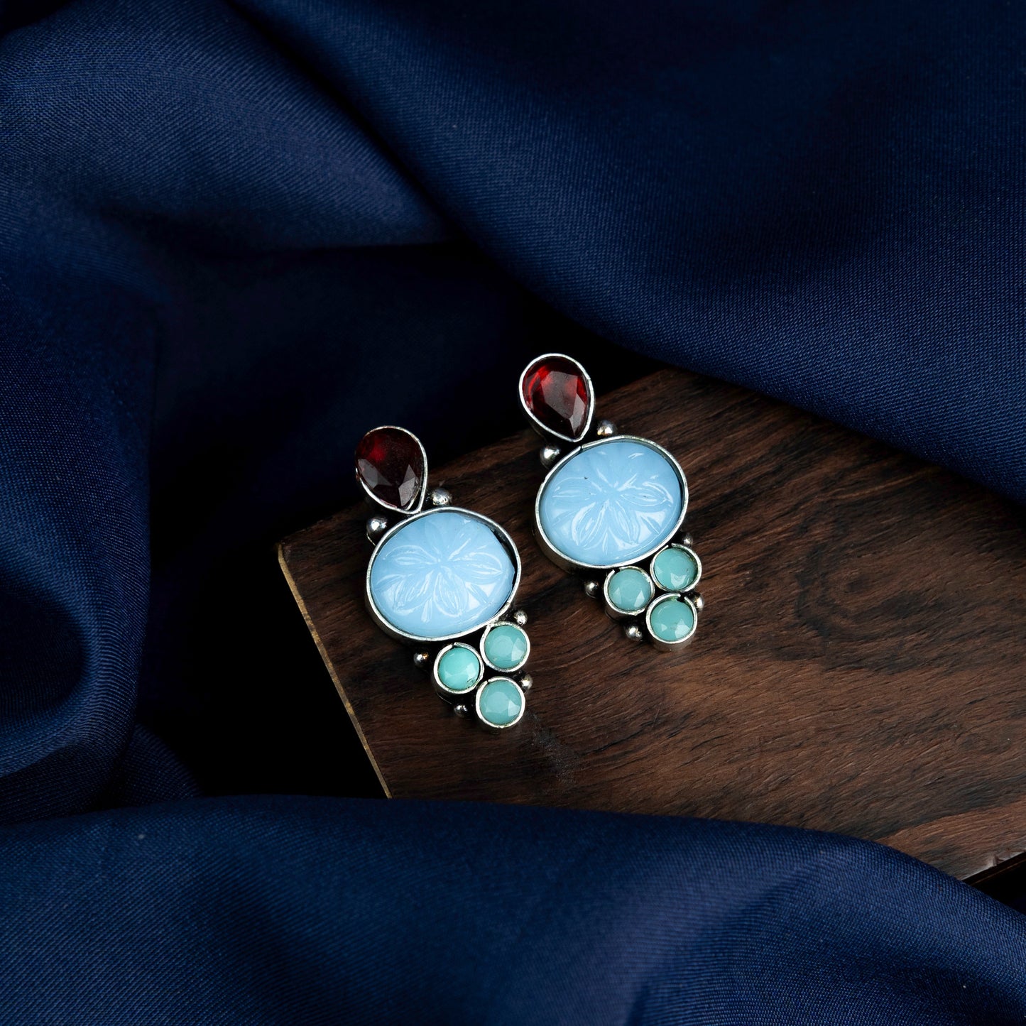 ShilpaRatna- Brass Stone-Studded stud earrings(Sky Blue)