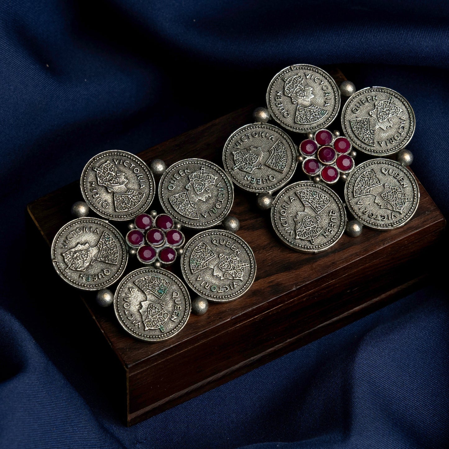 MudraPushp- Silver Brass Oxidised Stud Earrings(Red)