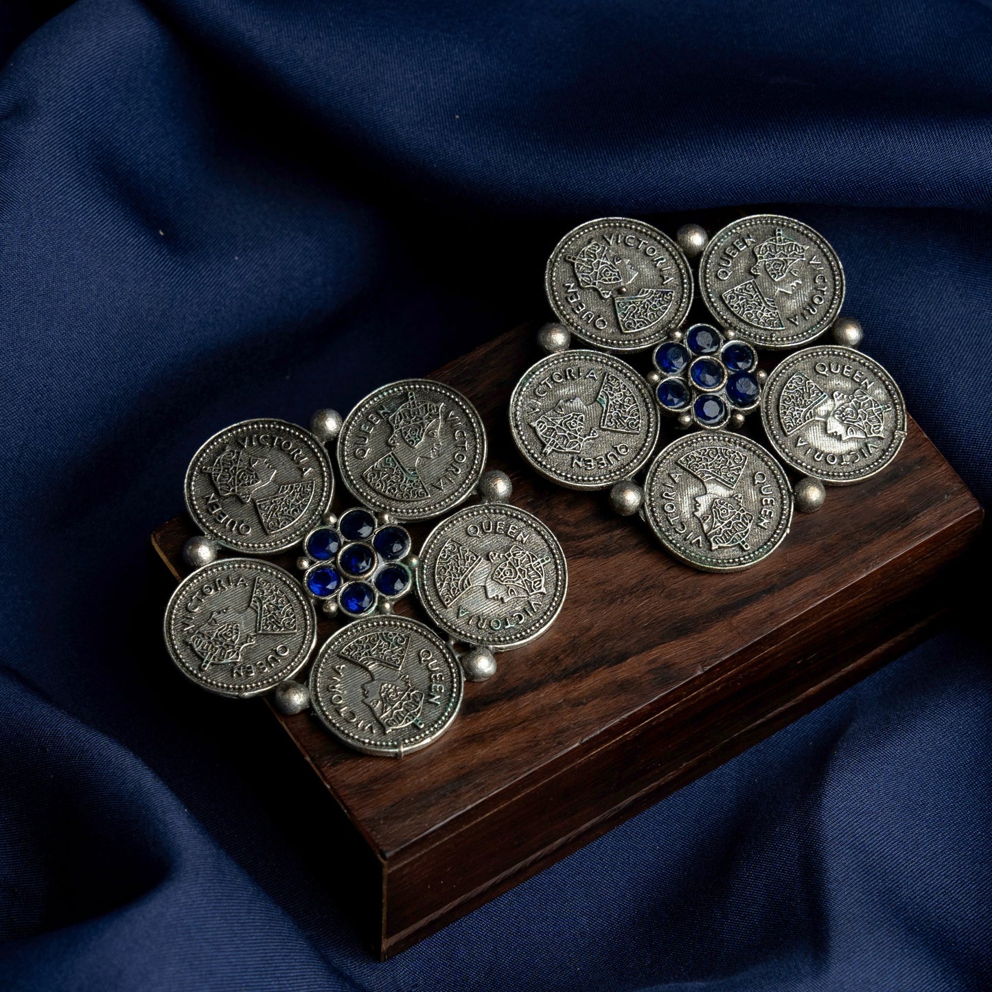 MudraPushp- Silver Brass Oxidised Stud Earrings(Blue)